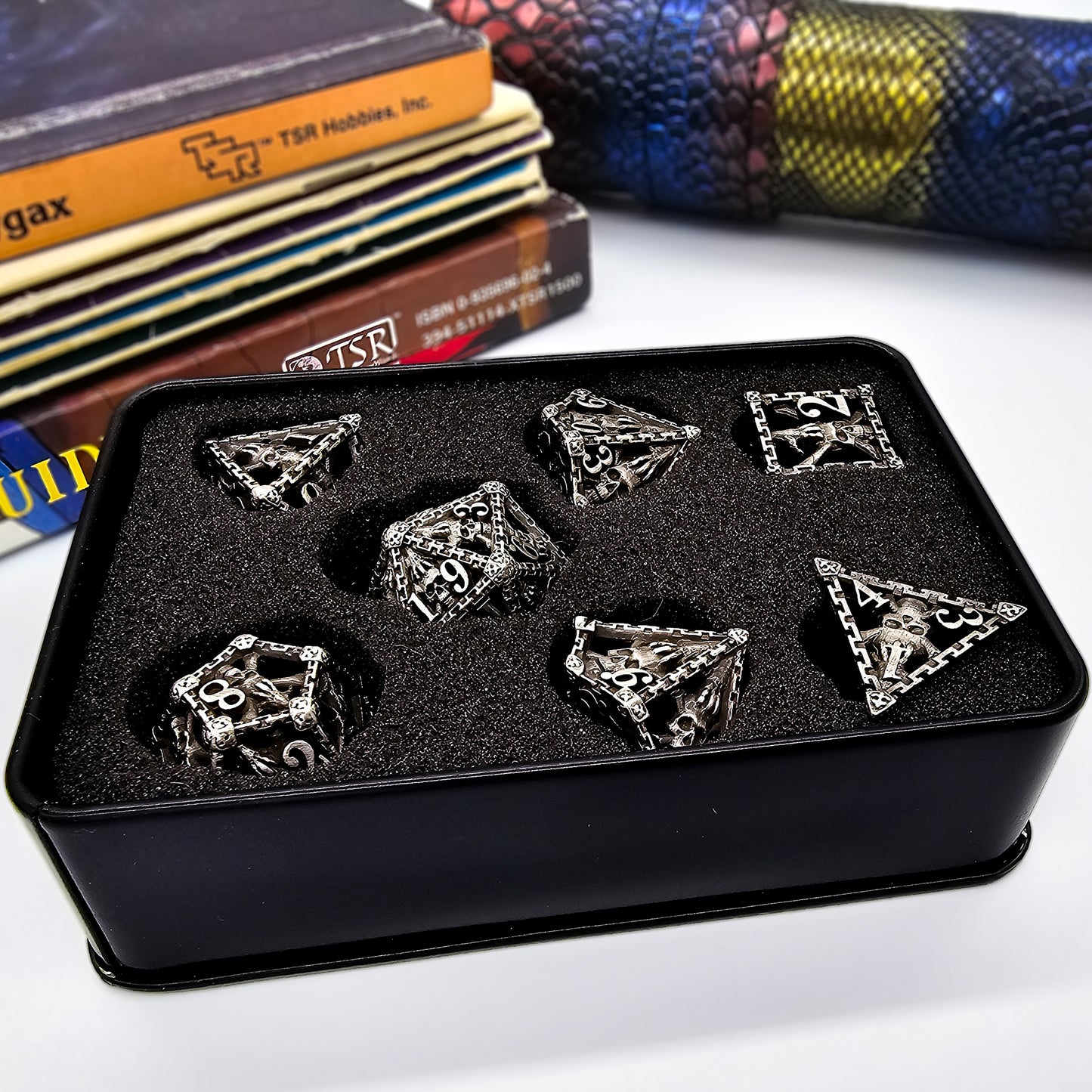 Hollow Metal Silver/Gray Skeleton DND Dice Set