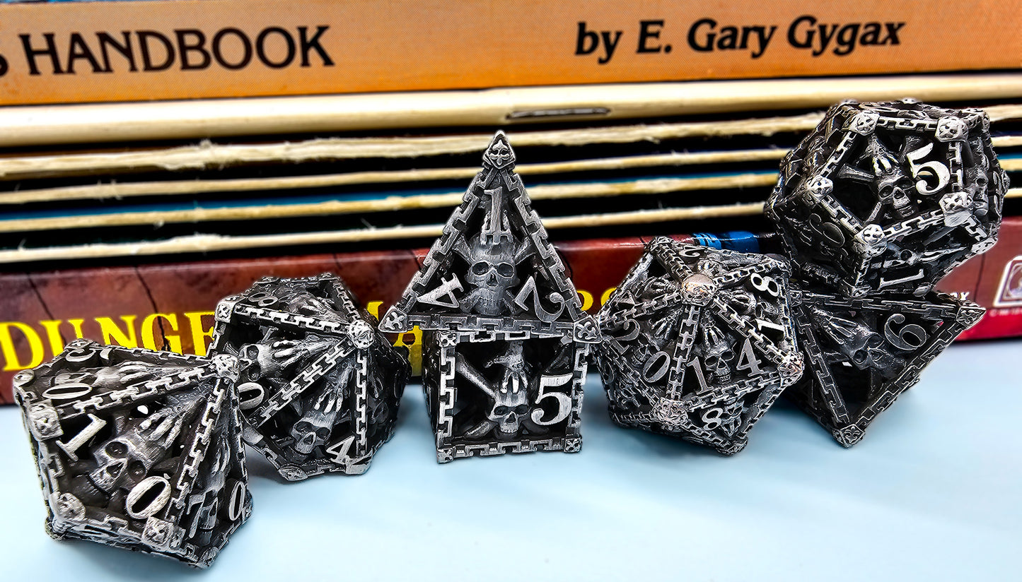 Hollow Metal Silver/Gray Skeleton DND Dice Set