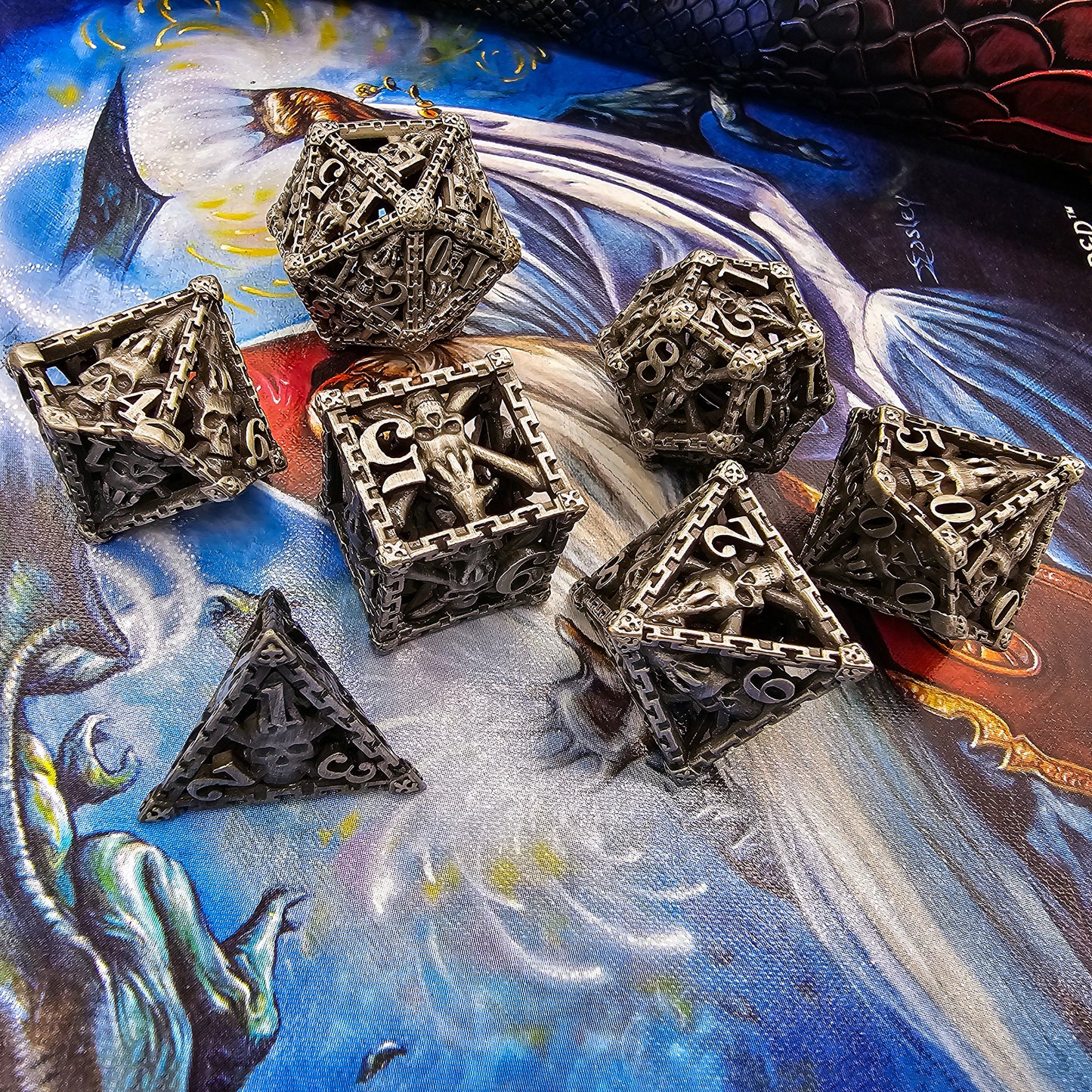 Hollow Metal Silver/Gray Skeleton DND Dice Set
