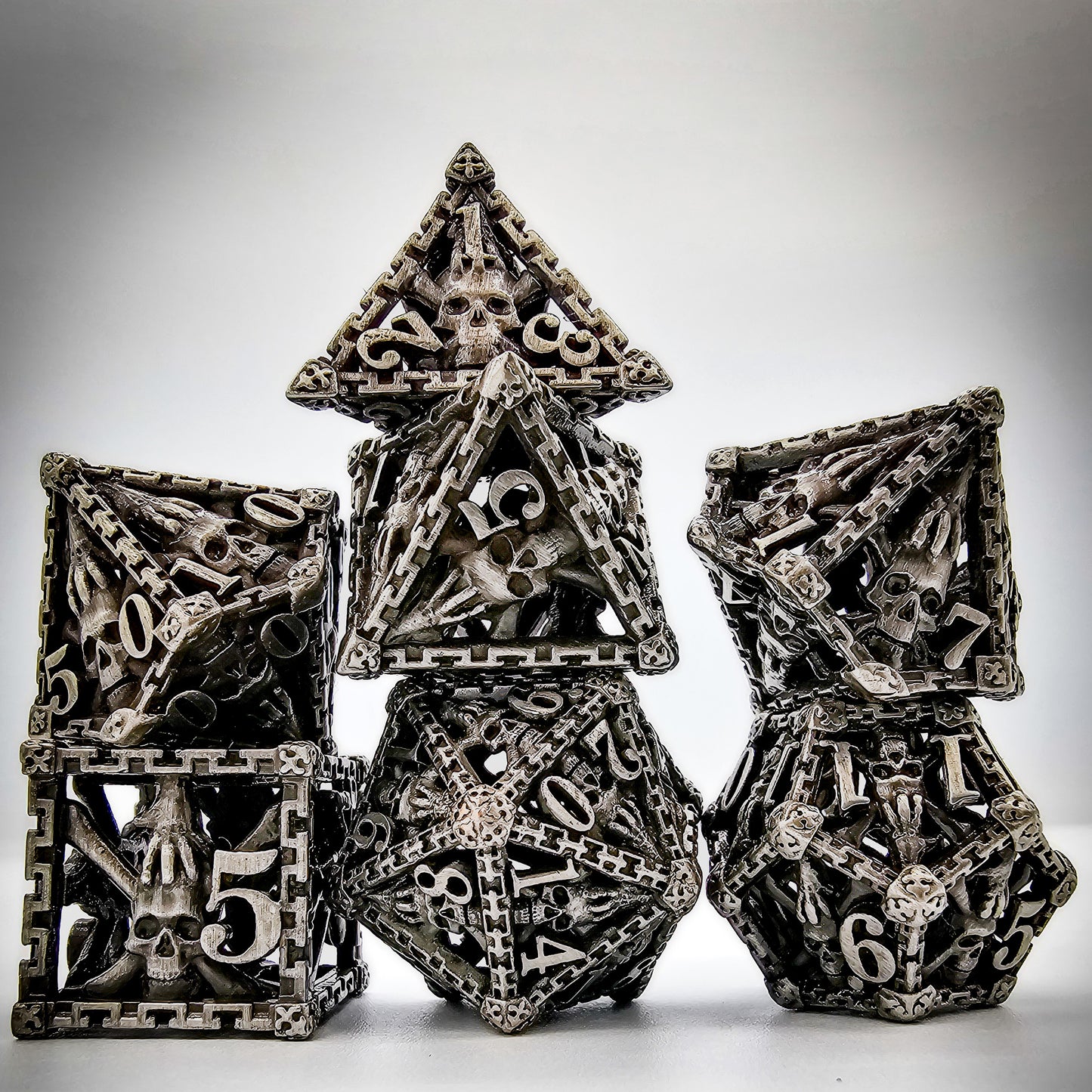 Hollow Metal Silver/Gray Skeleton DND Dice Set