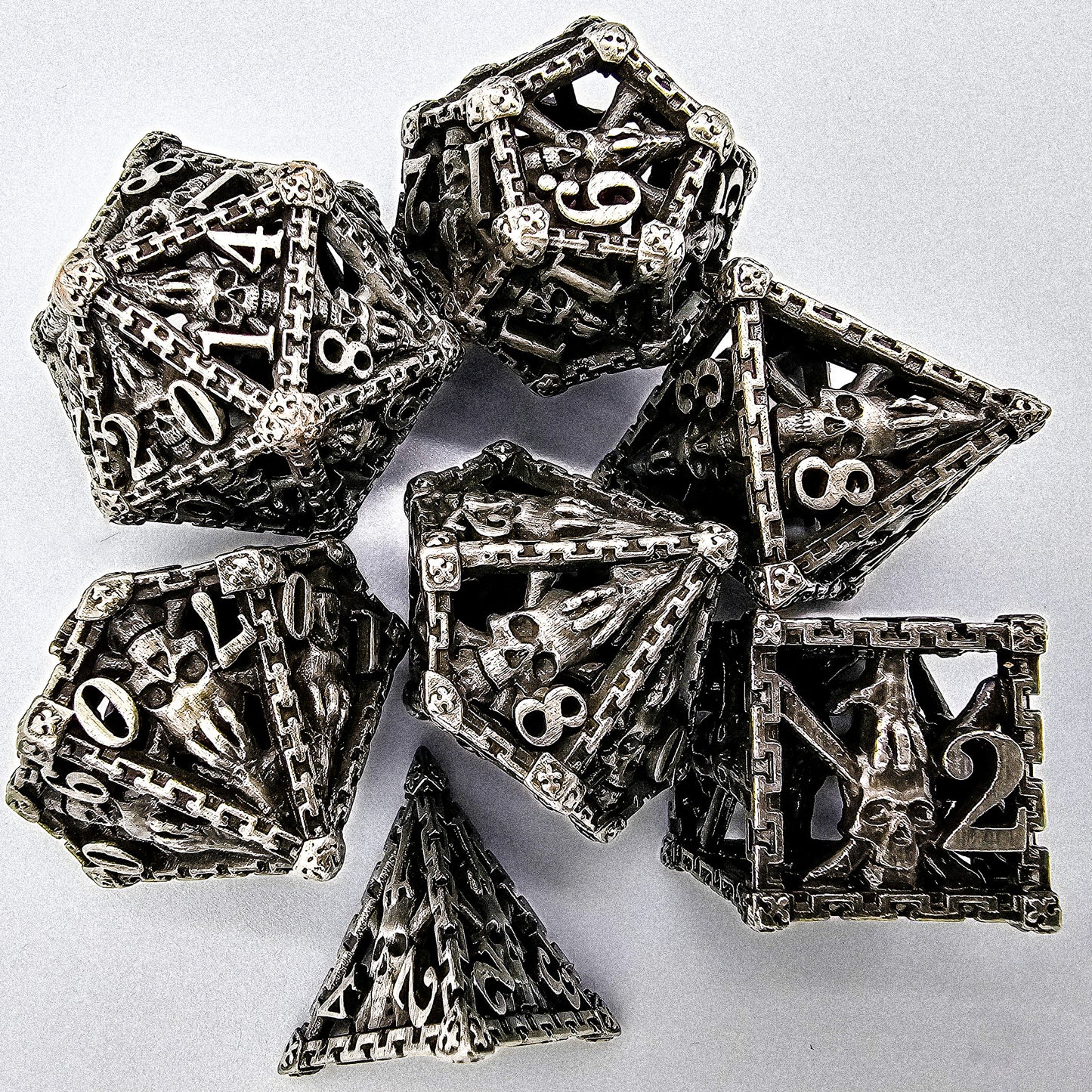 Hollow Metal Silver/Gray Skeleton DND Dice Set