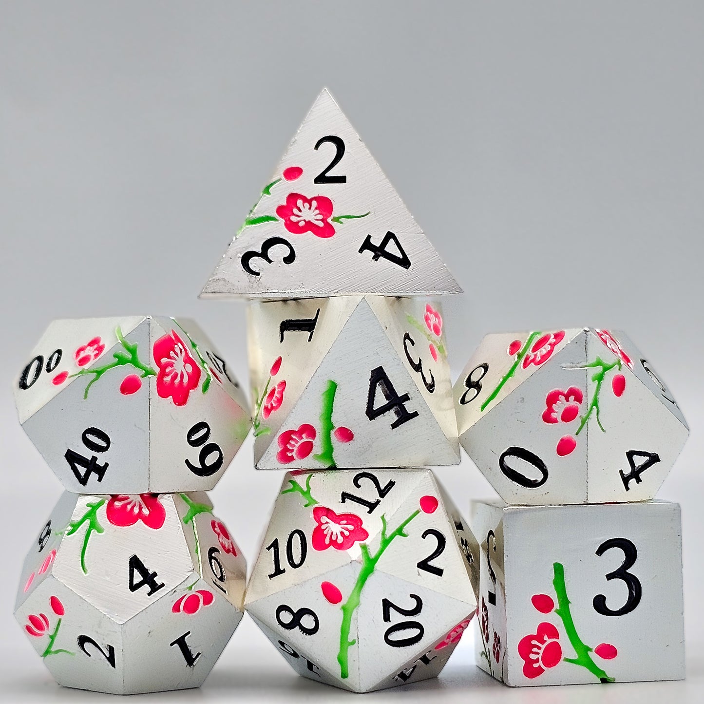 Solid Metal Silver Plum Blossom DND Dice Set