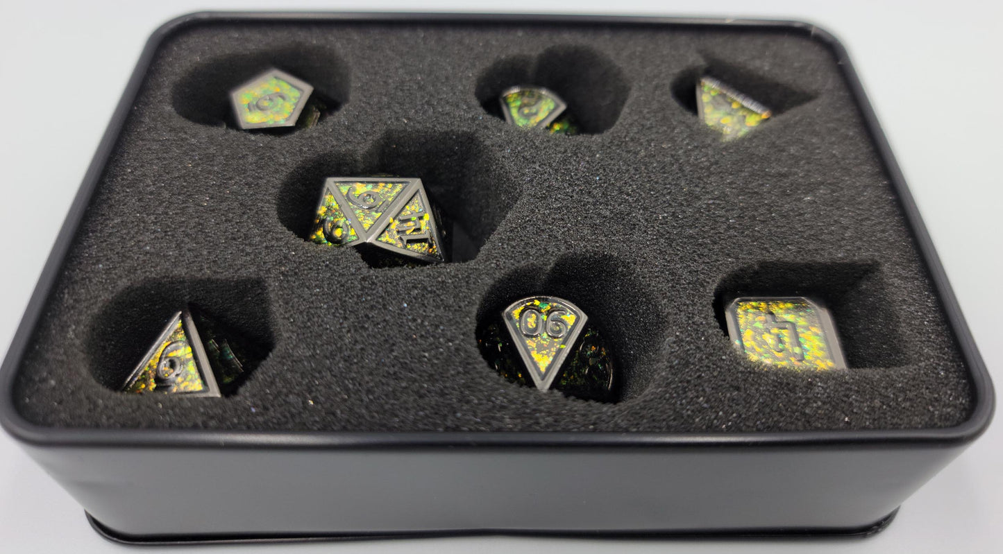 Yellow, Green & Black Metal D&D Dice