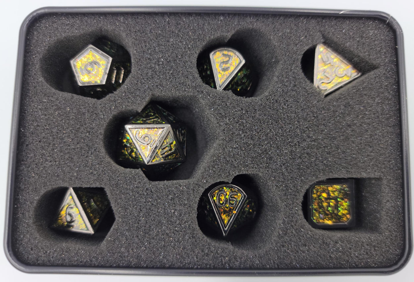 Yellow, Green & Black Metal D&D Dice