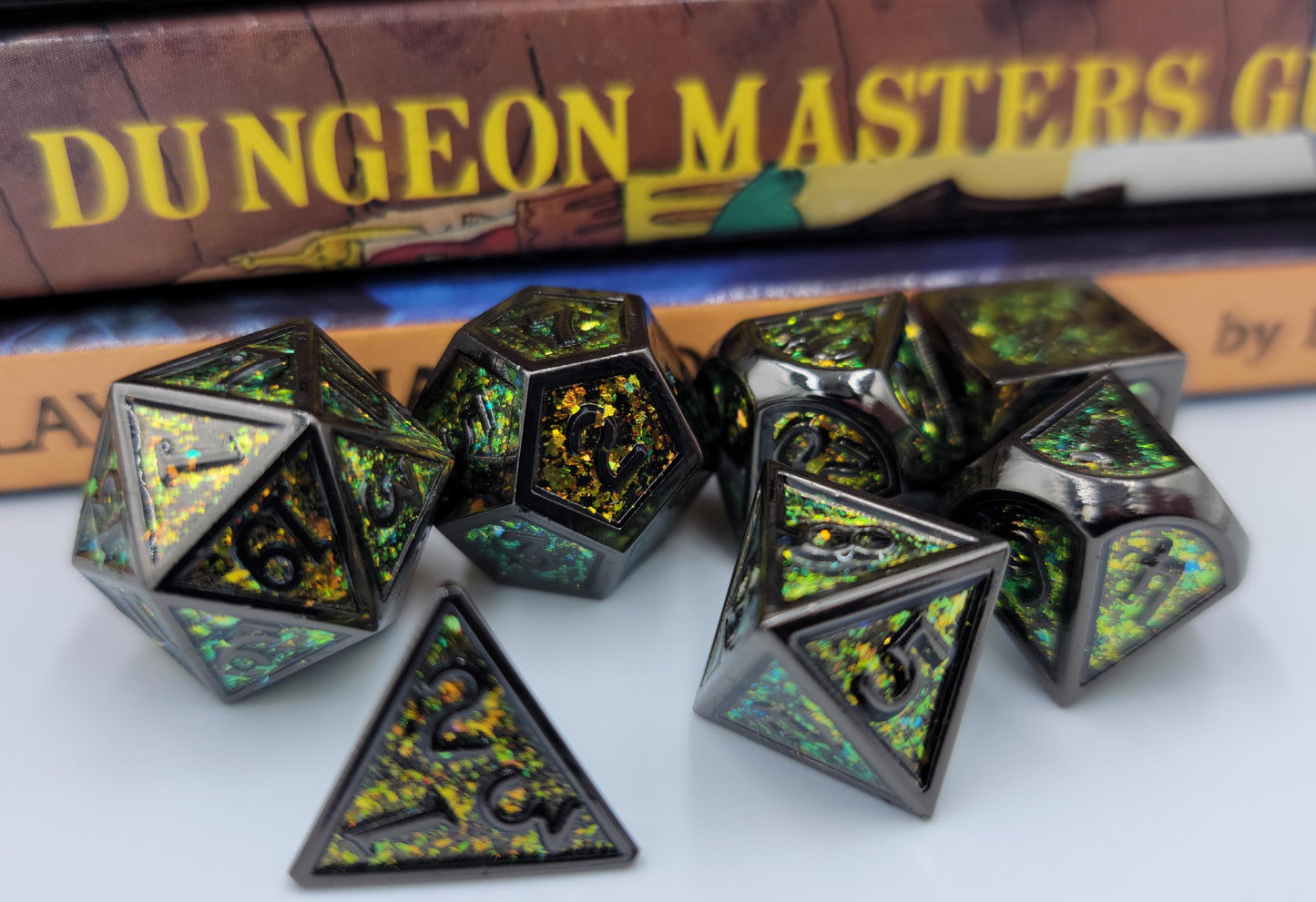 Yellow, Green & Black Metal D&D Dice