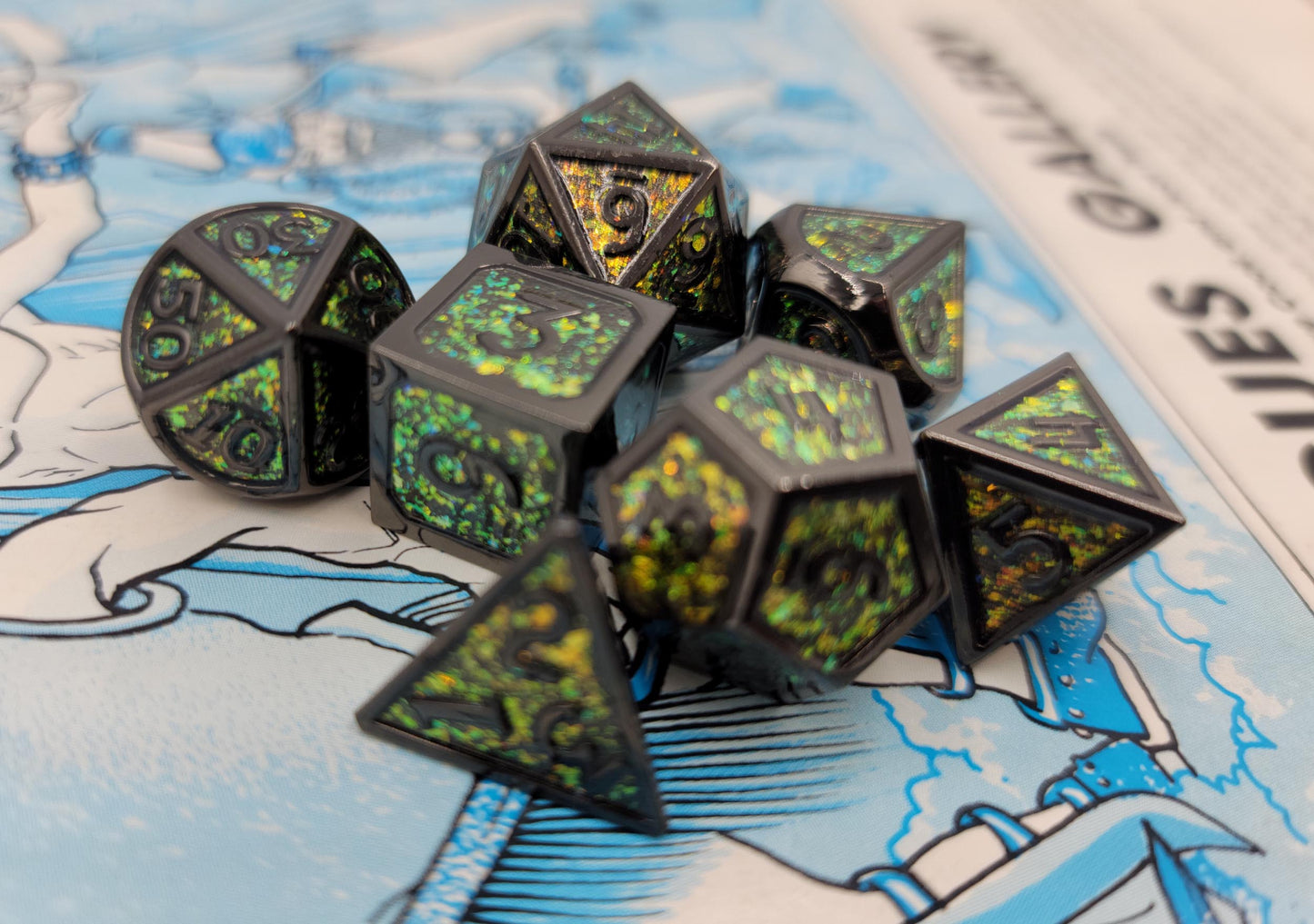Yellow, Green & Black Metal D&D Dice