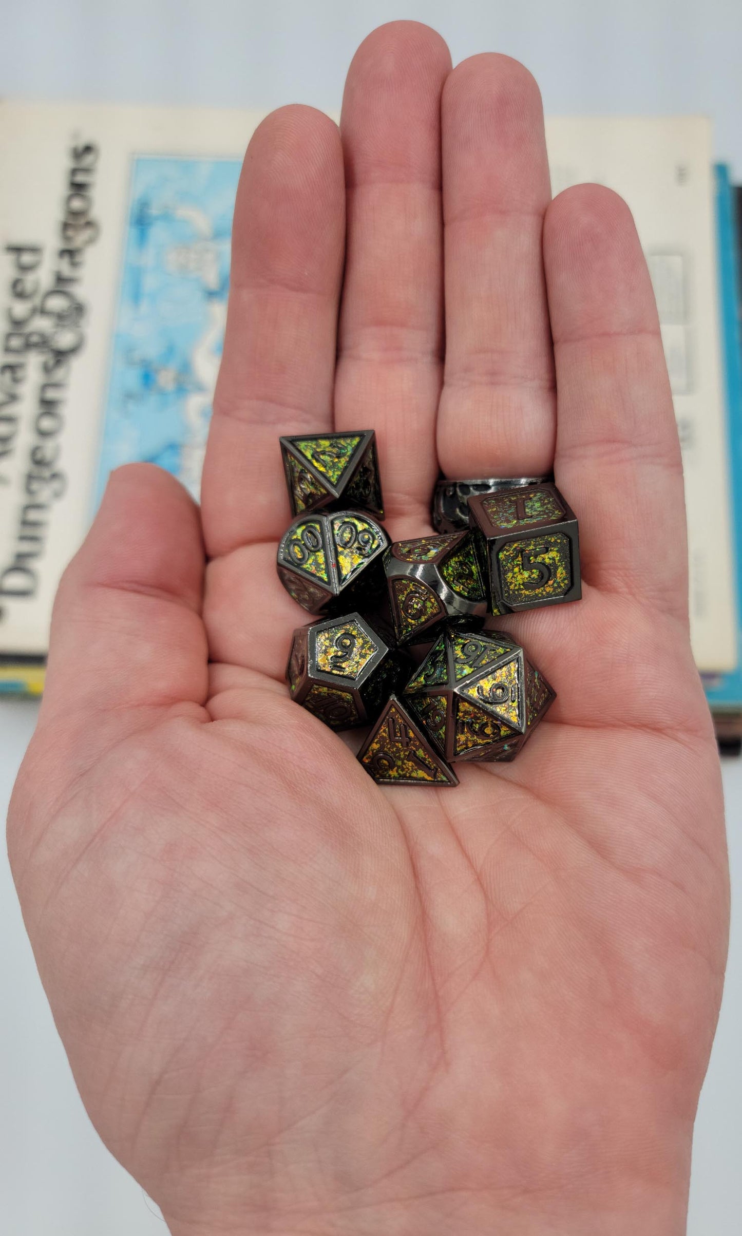Yellow, Green & Black Metal D&D Dice