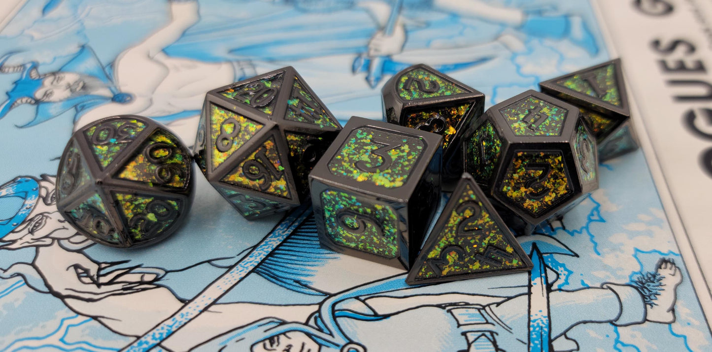 Yellow, Green & Black Metal D&D Dice