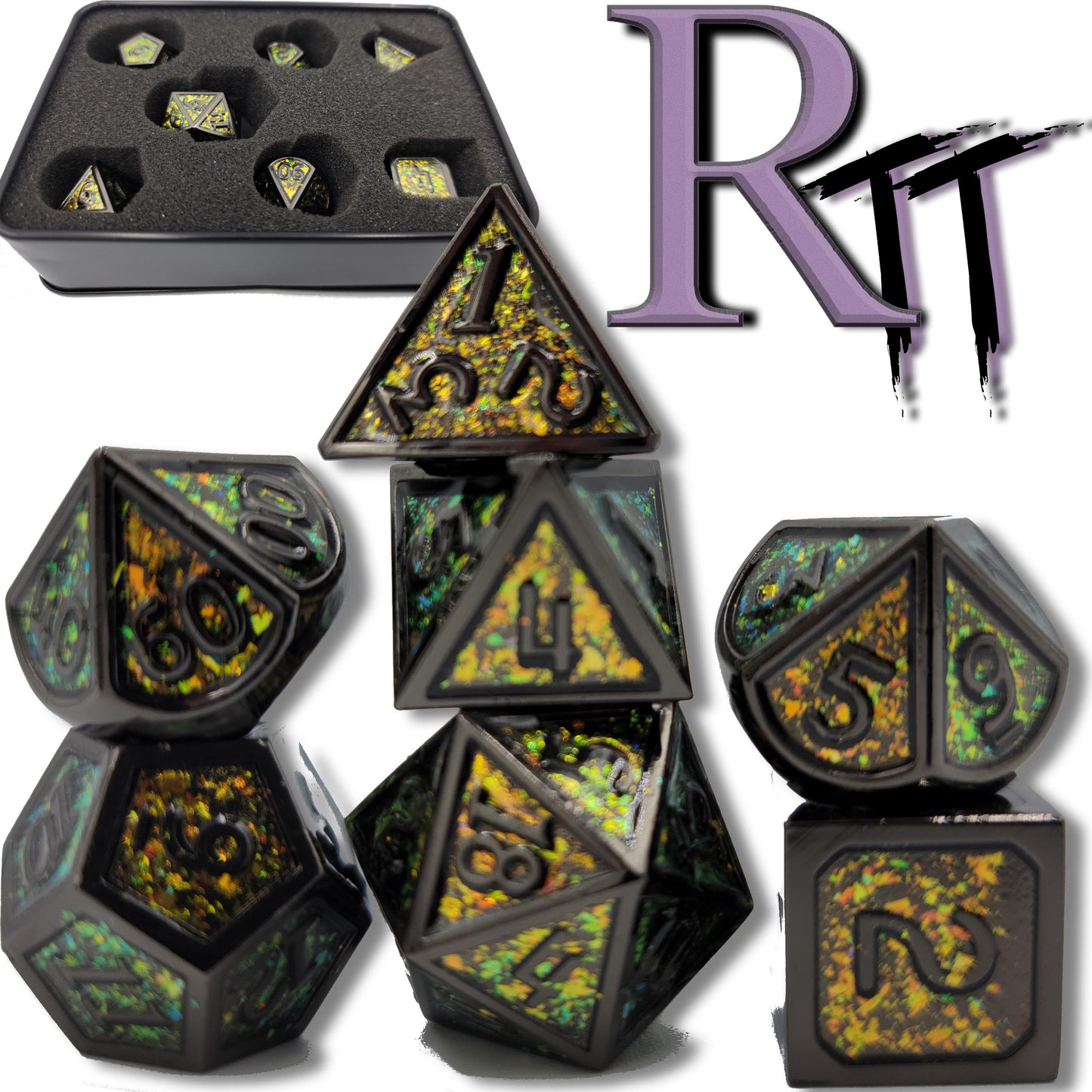 Yellow, Green & Black Metal D&D Dice