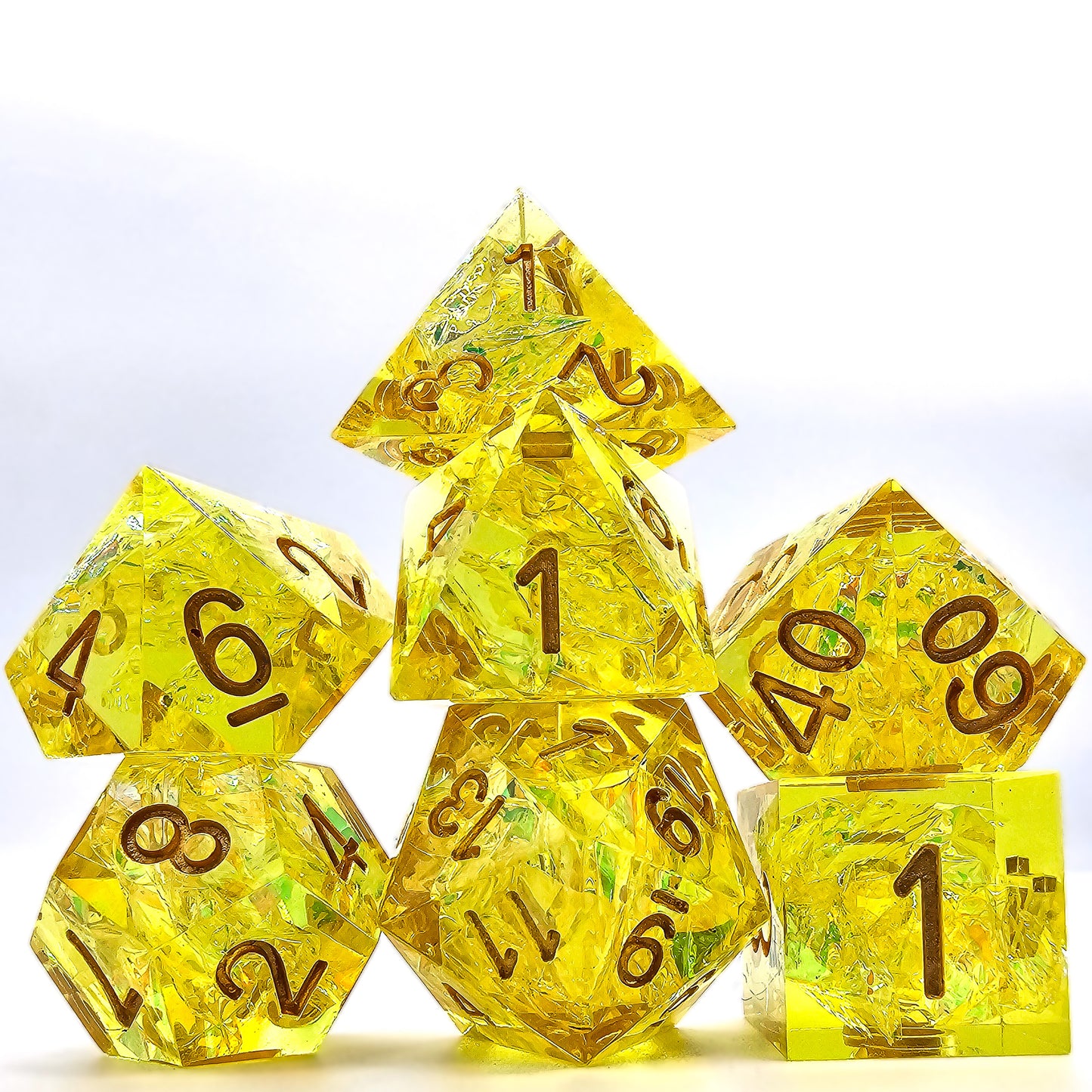 7pc Yellow Transparent Resin Sharp Edge DND Dice Set