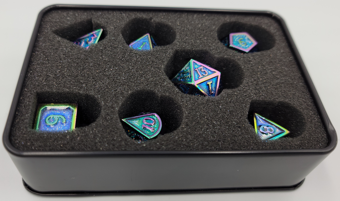 Blue & Rainbow/Chromatic Metal 7 Piece D&D Dice Set + Metal Box