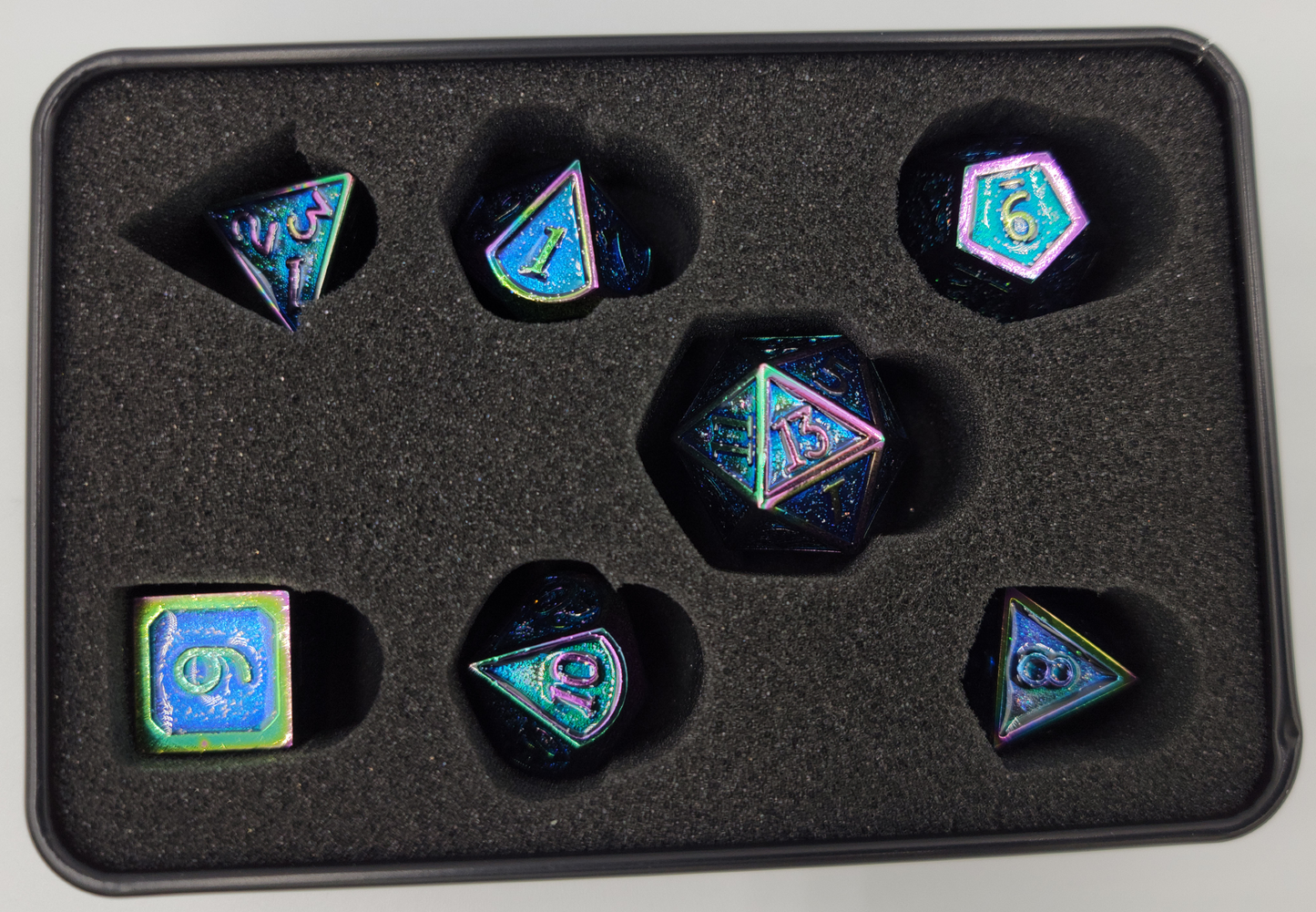 Blue & Rainbow/Chromatic Metal 7 Piece D&D Dice Set + Metal Box