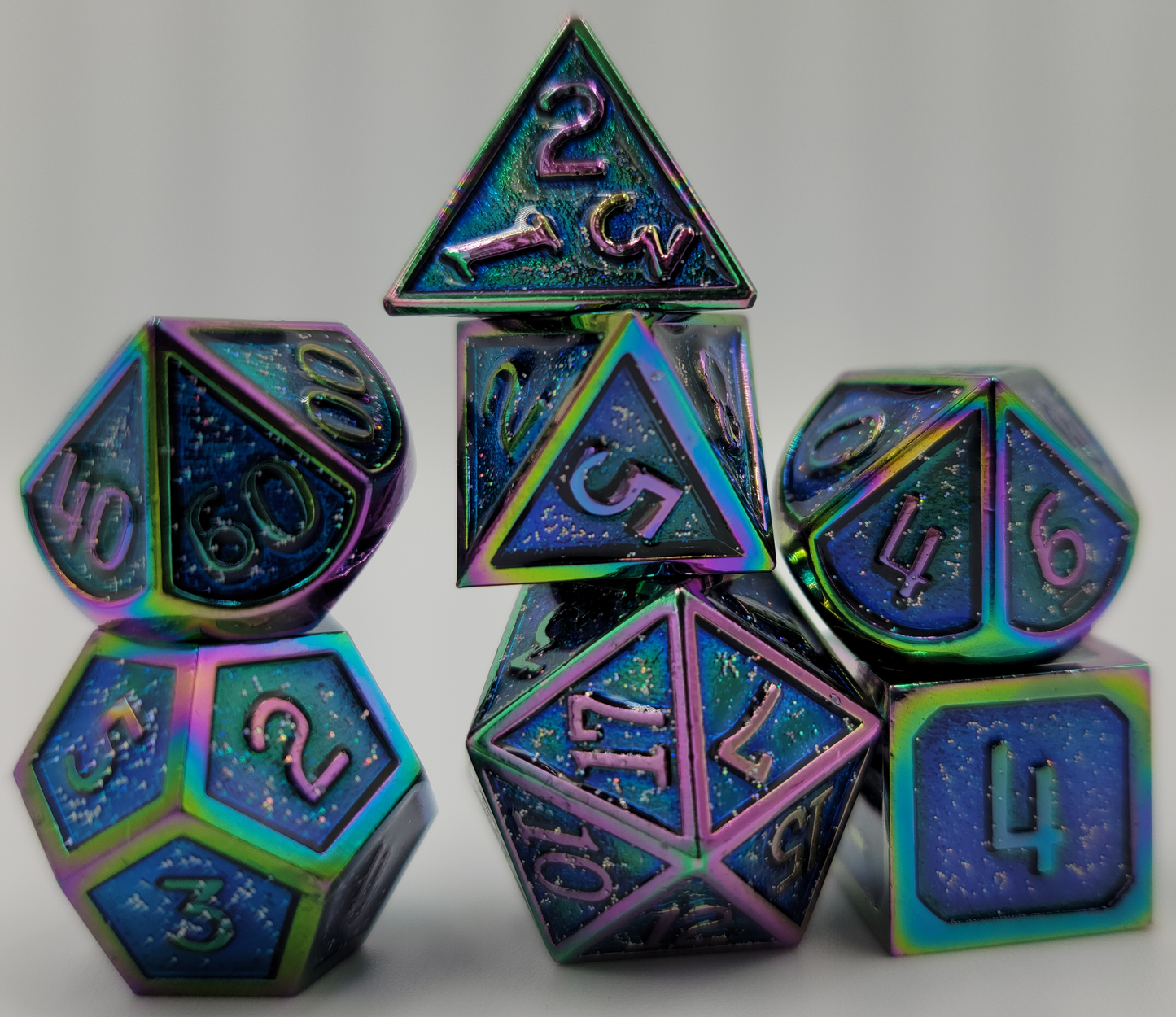 Blue & Rainbow/Chromatic Metal 7 Piece D&D Dice Set + Metal Box