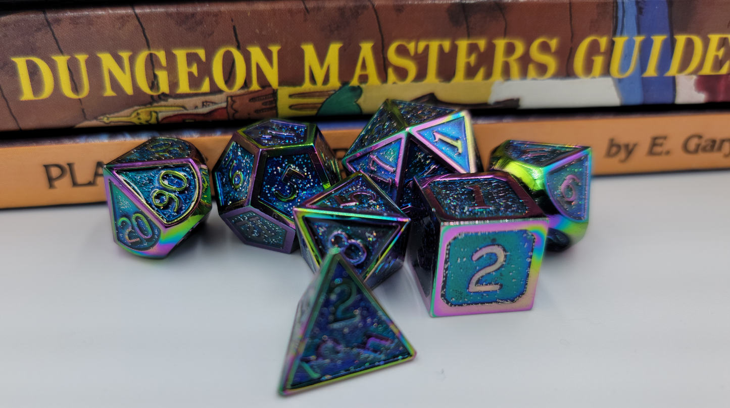 Blue & Rainbow/Chromatic Metal 7 Piece D&D Dice Set + Metal Box