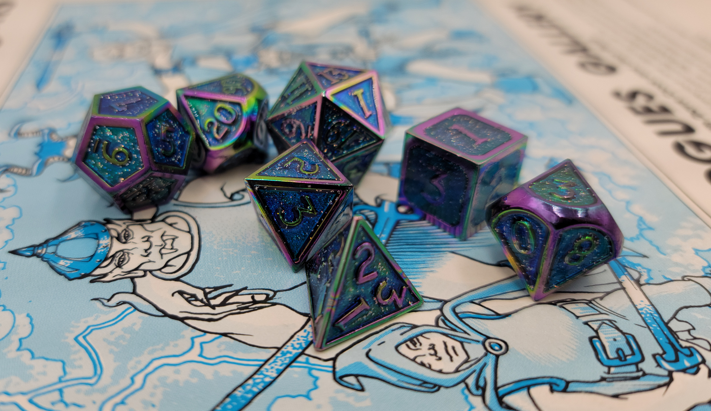 Blue & Rainbow/Chromatic Metal 7 Piece D&D Dice Set + Metal Box