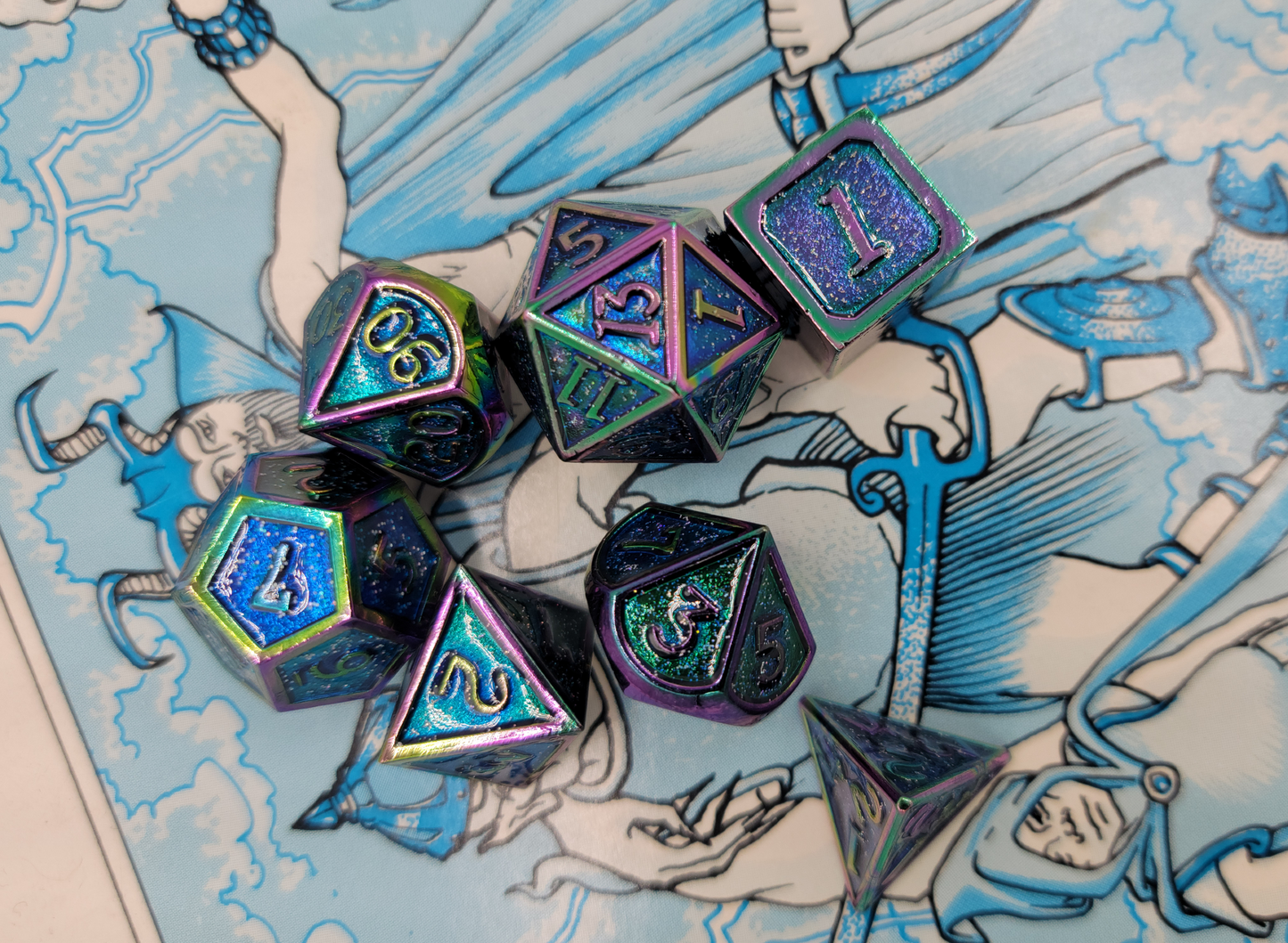 Blue & Rainbow/Chromatic Metal 7 Piece D&D Dice Set + Metal Box