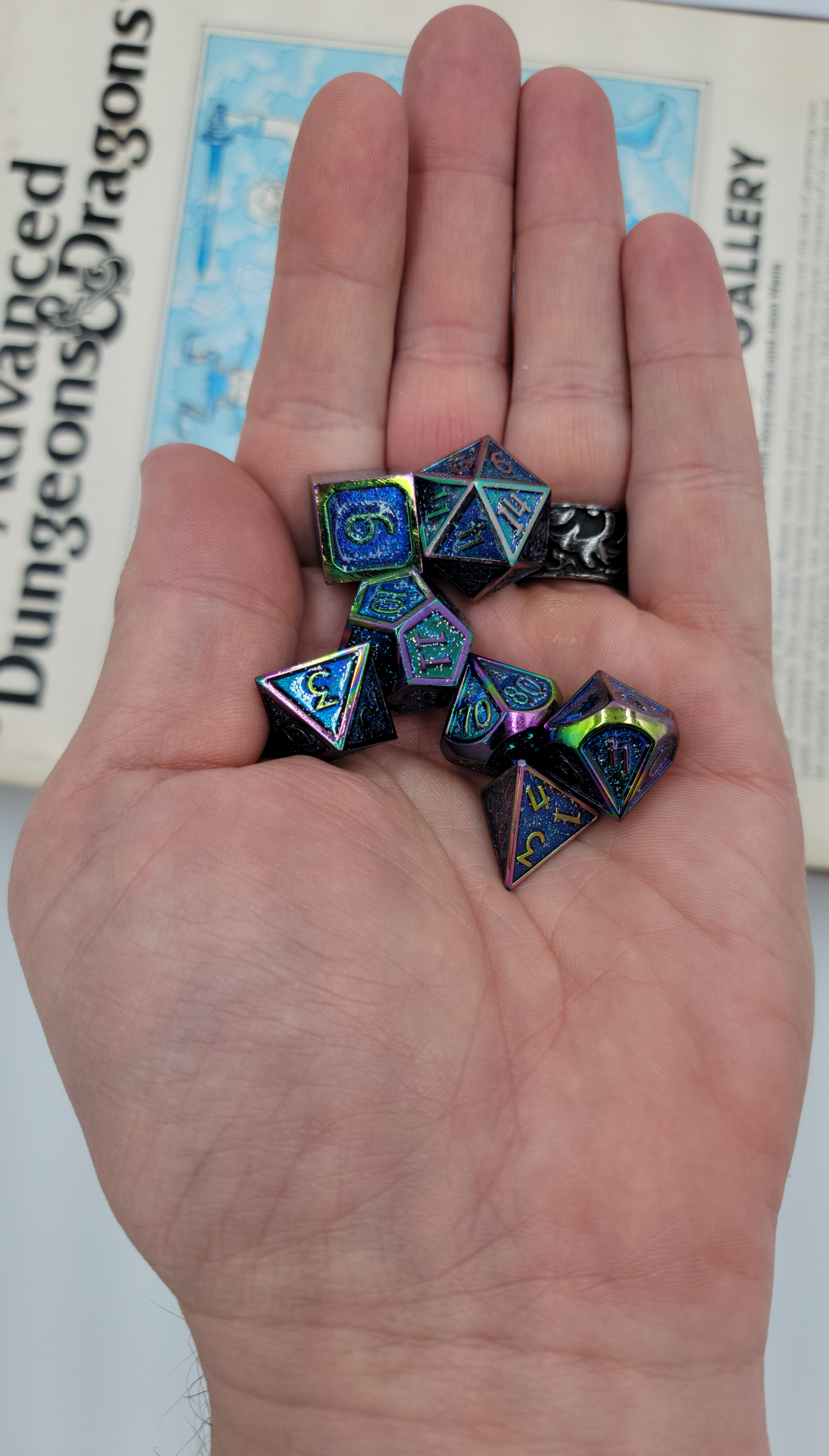 Blue & Rainbow/Chromatic Metal 7 Piece D&D Dice Set + Metal Box