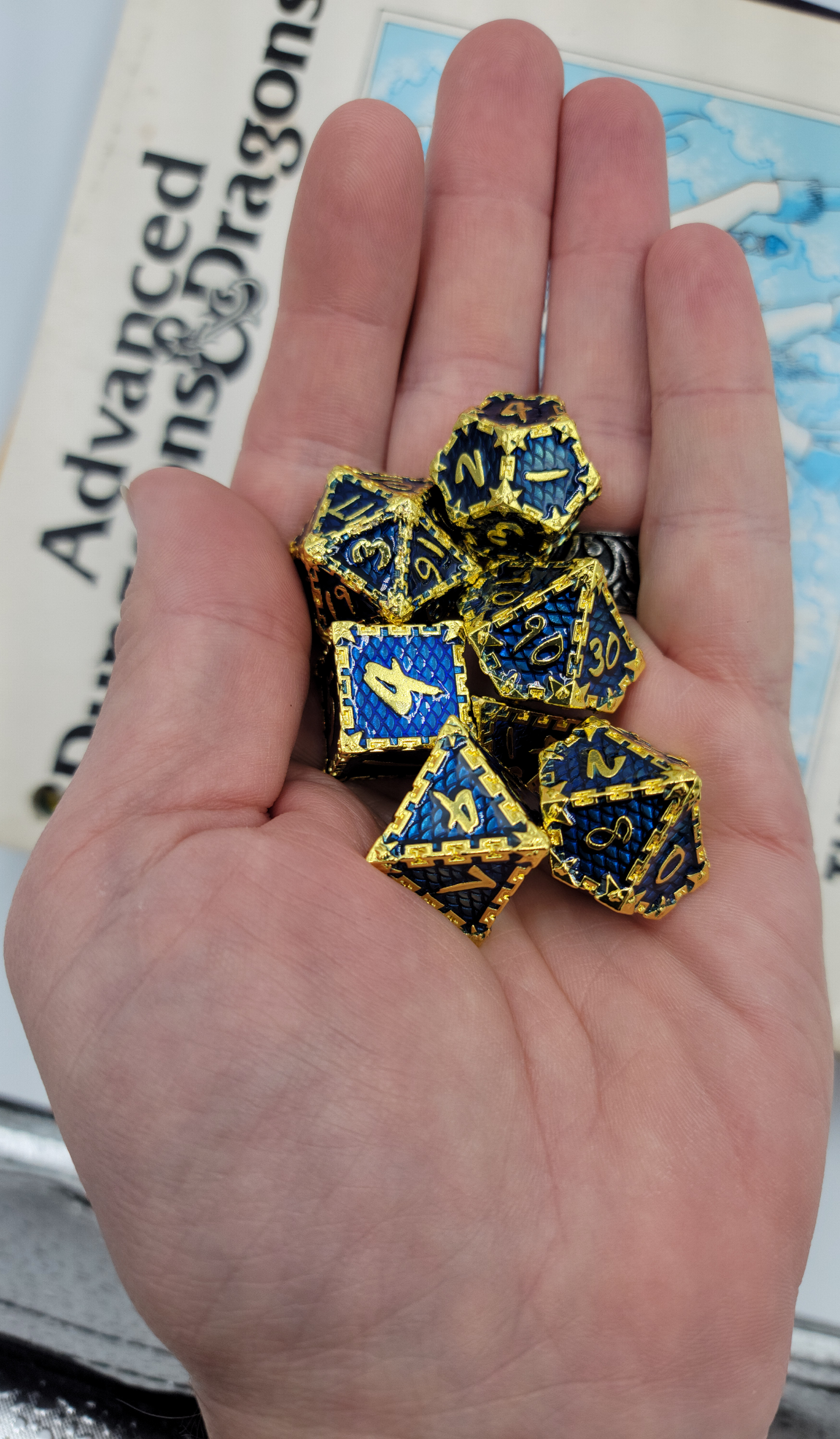 Blue & Gold Dragon Scale Metal 7 Piece D&D Dice Set + Metal Box