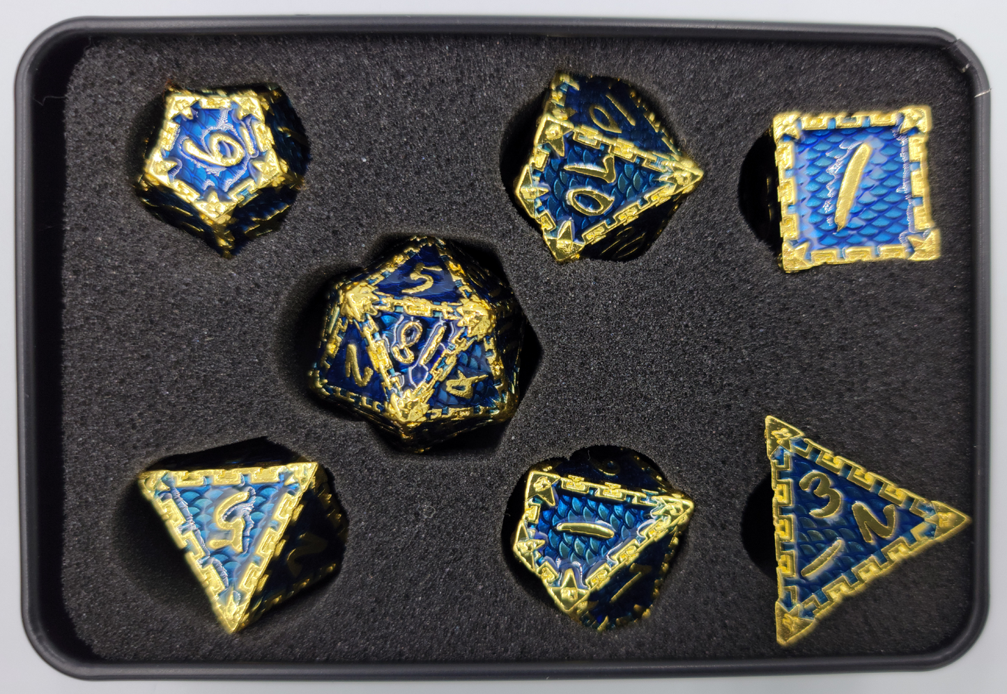 Blue & Gold Dragon Scale Metal 7 Piece D&D Dice Set + Metal Box
