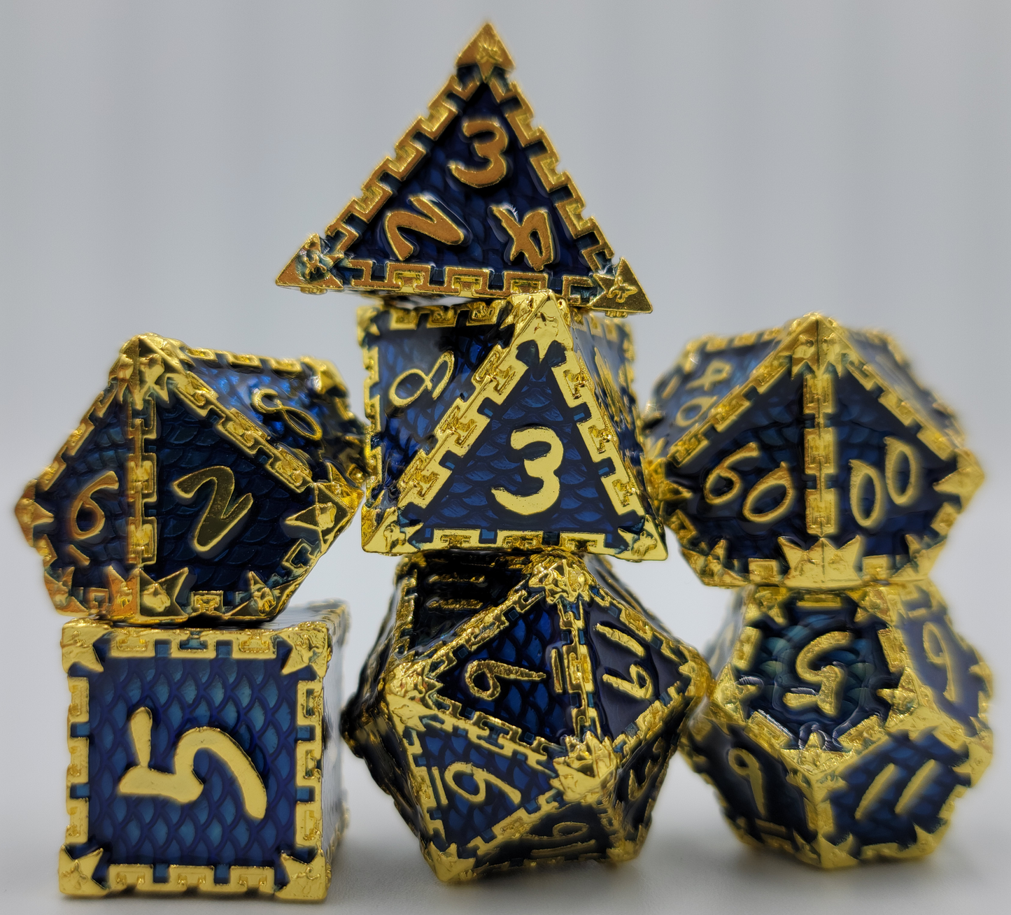 Blue & Gold Dragon Scale Metal 7 Piece D&D Dice Set + Metal Box