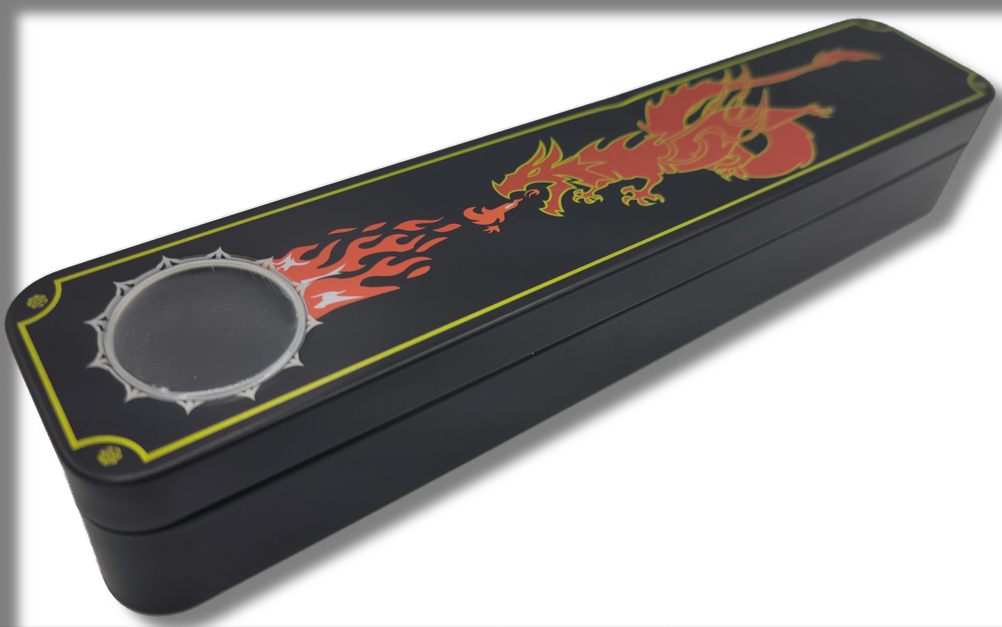 7 Piece Black Metal DnD Container with Red Fire Breathing Dragon