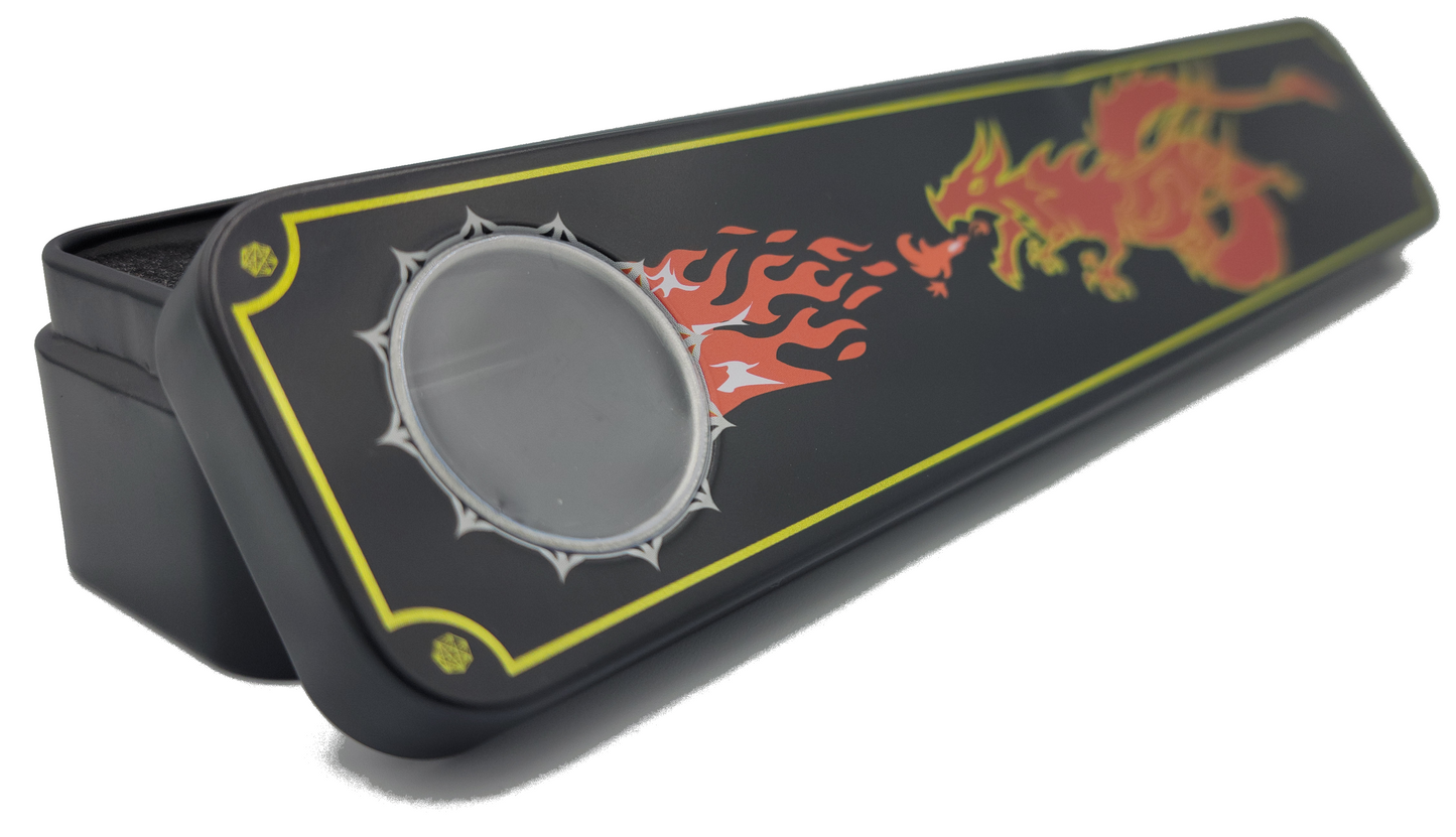 7 Piece Black Metal DnD Container with Red Fire Breathing Dragon