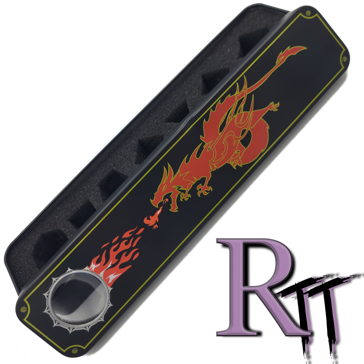 7 Piece Black Metal DnD Container with Red Fire Breathing Dragon