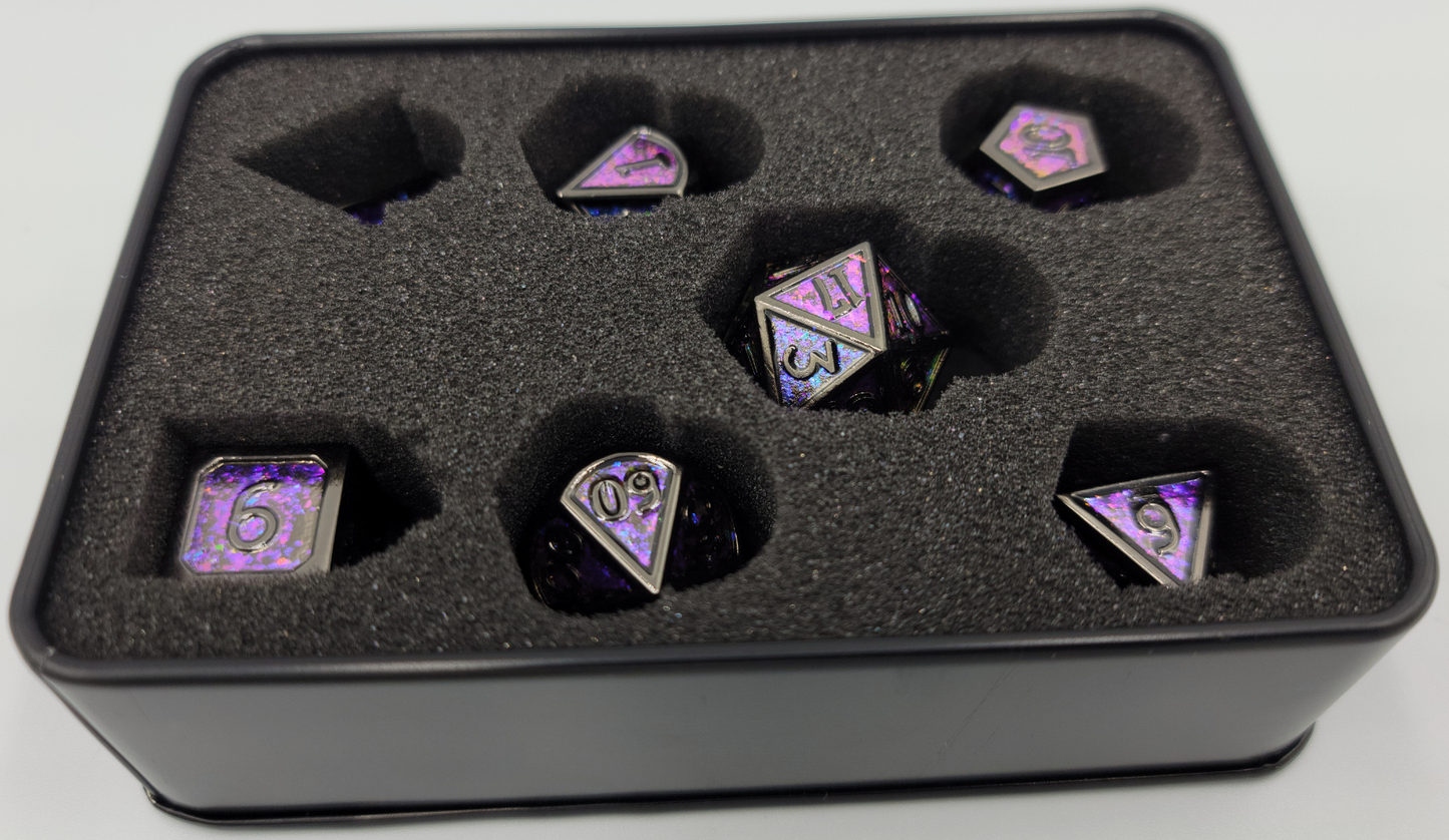 Purple & Black Metal 7 Piece D&D Dice Set + Metal Box