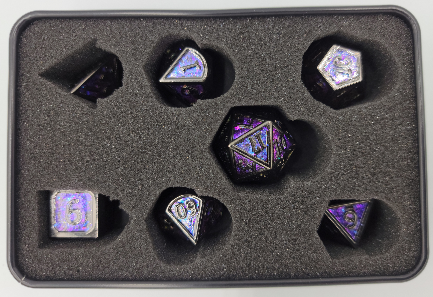 Purple & Black Metal 7 Piece D&D Dice Set + Metal Box