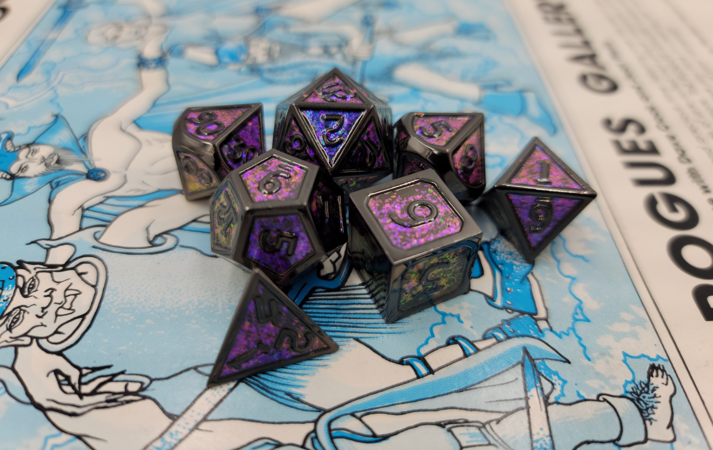 Purple & Black Metal 7 Piece D&D Dice Set + Metal Box