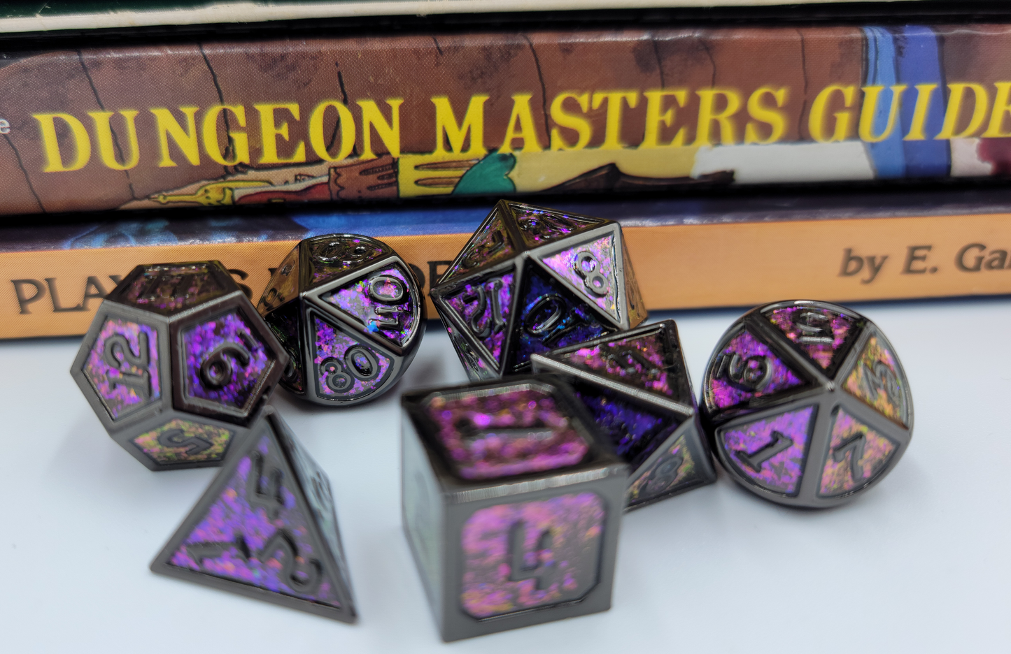 Purple & Black Metal 7 Piece D&D Dice Set + Metal Box