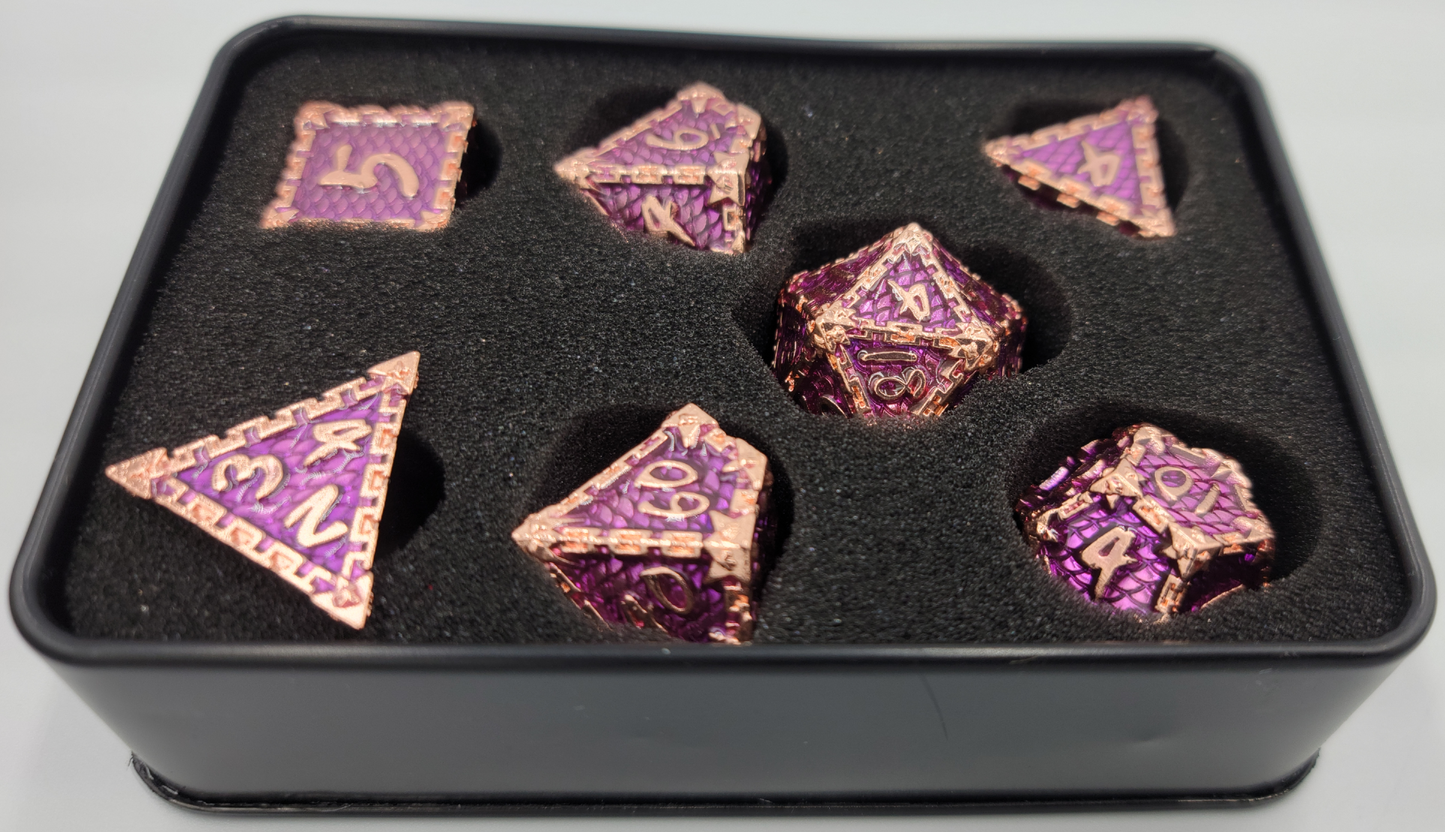 Purple & Rose Gold Metal 7 Piece D&D Dice Set + Metal Box