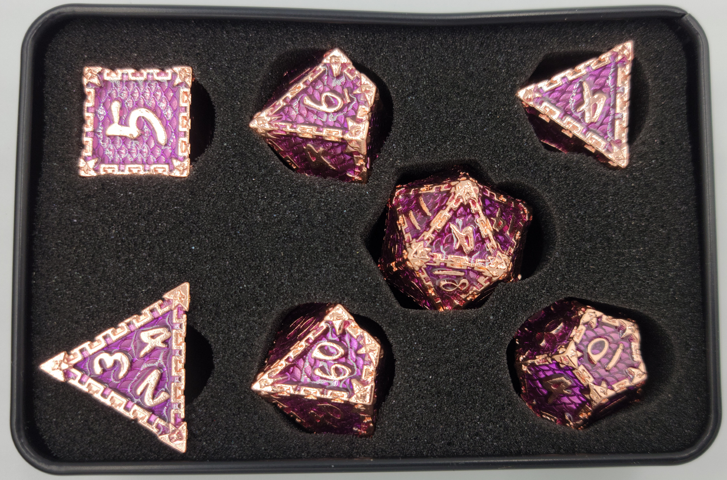 Purple & Rose Gold Metal 7 Piece D&D Dice Set + Metal Box