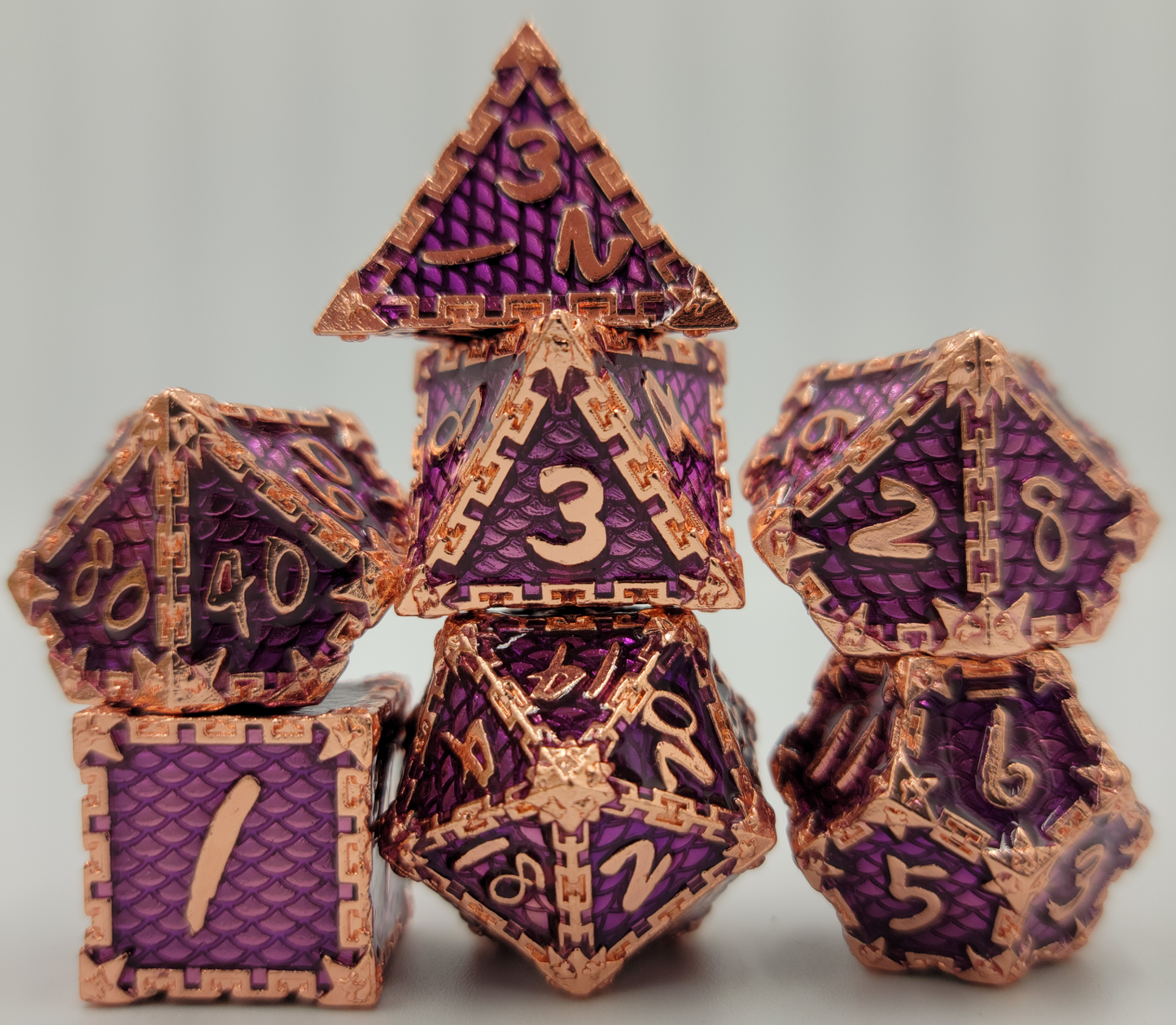 Purple & Rose Gold Metal 7 Piece D&D Dice Set + Metal Box
