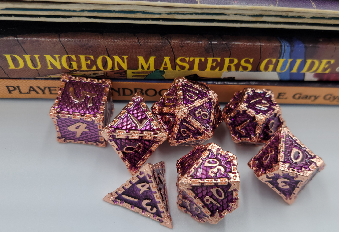Purple & Rose Gold Metal 7 Piece D&D Dice Set + Metal Box