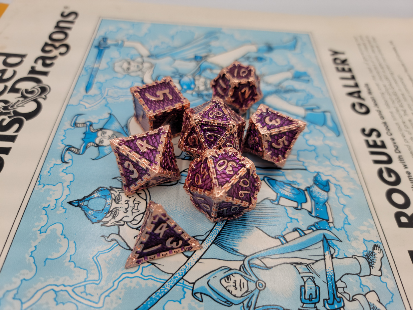 Purple & Rose Gold Metal 7 Piece D&D Dice Set + Metal Box