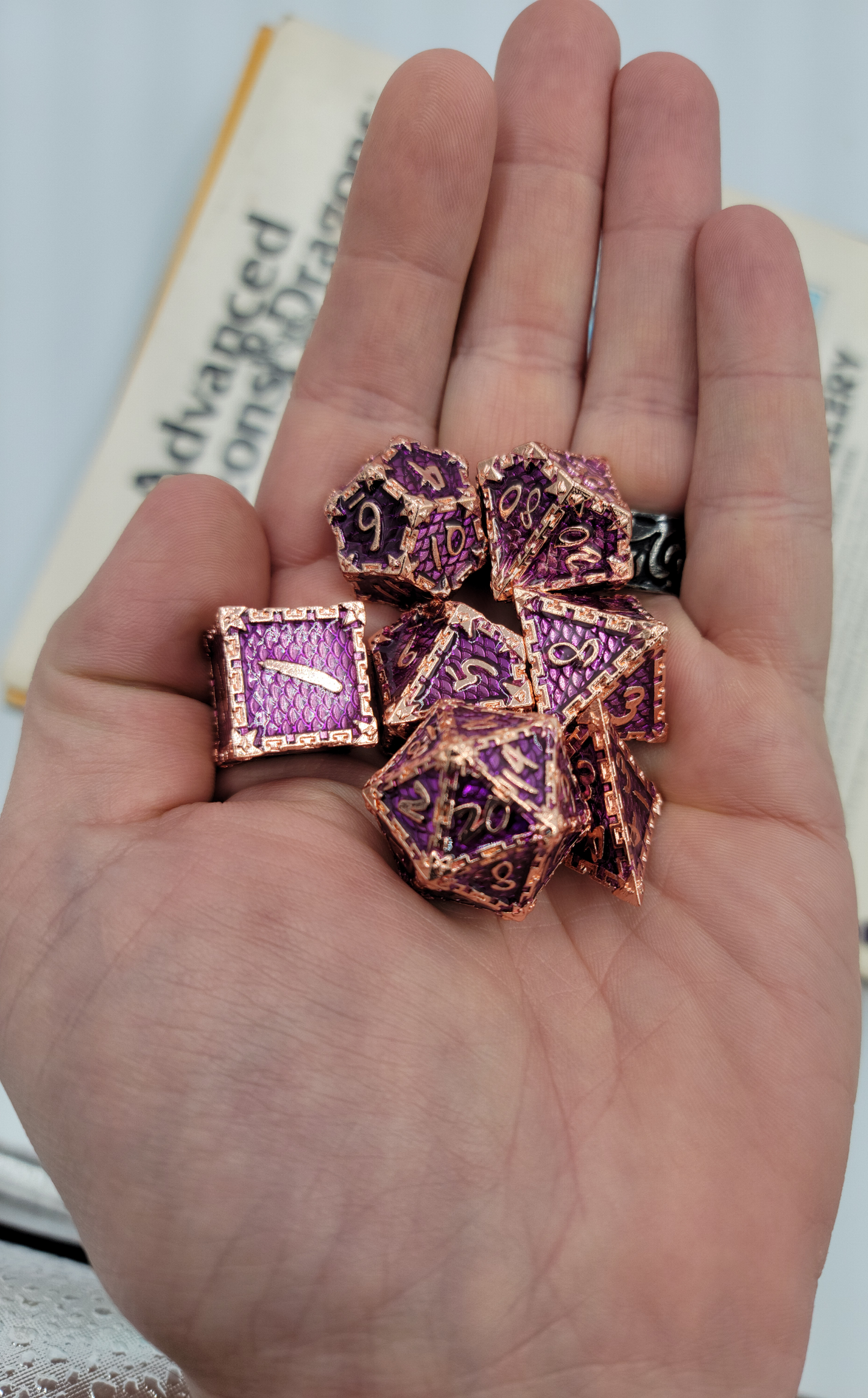 Purple & Rose Gold Metal 7 Piece D&D Dice Set + Metal Box