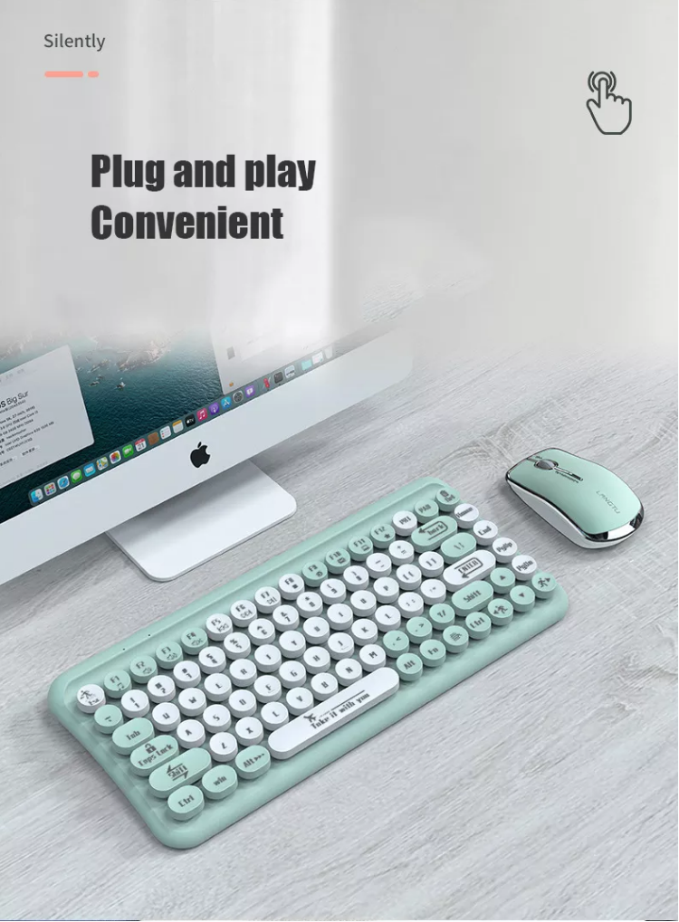 Mini 2.4G Wireless Retro Keyboard and Mouse Combo Round Keys Computer Laptop Mac
