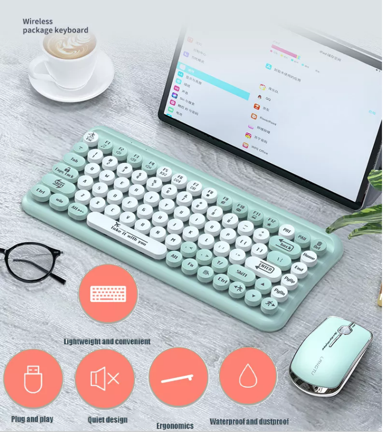 Mini 2.4G Wireless Retro Keyboard and Mouse Combo Round Keys Computer Laptop Mac