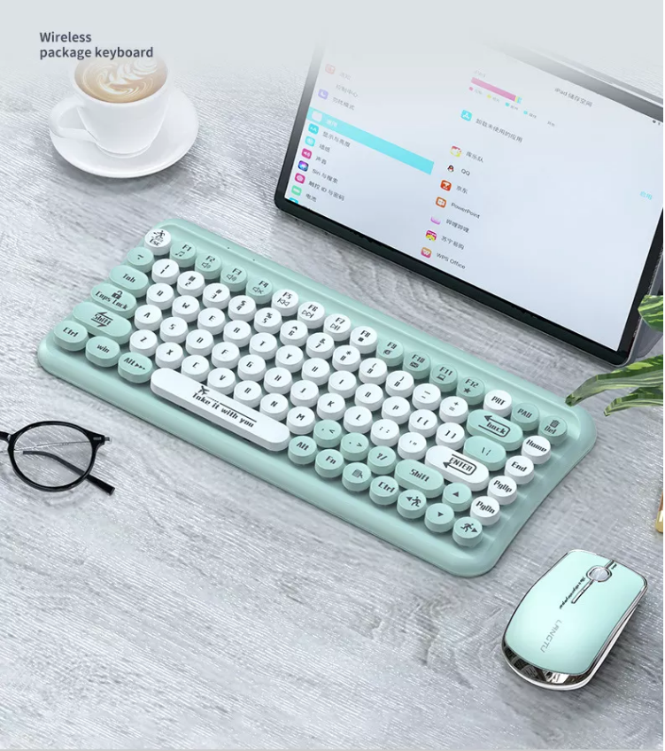 Mini 2.4G Wireless Retro Keyboard and Mouse Combo Round Keys Computer Laptop Mac