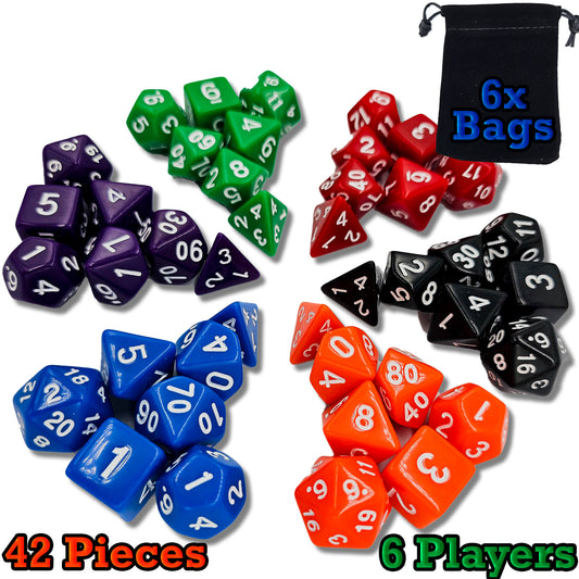 42 piece resin dnd dice set for 6 dungeon and dragons players.  The dice colors are green, blue, red, purple, orange and black.