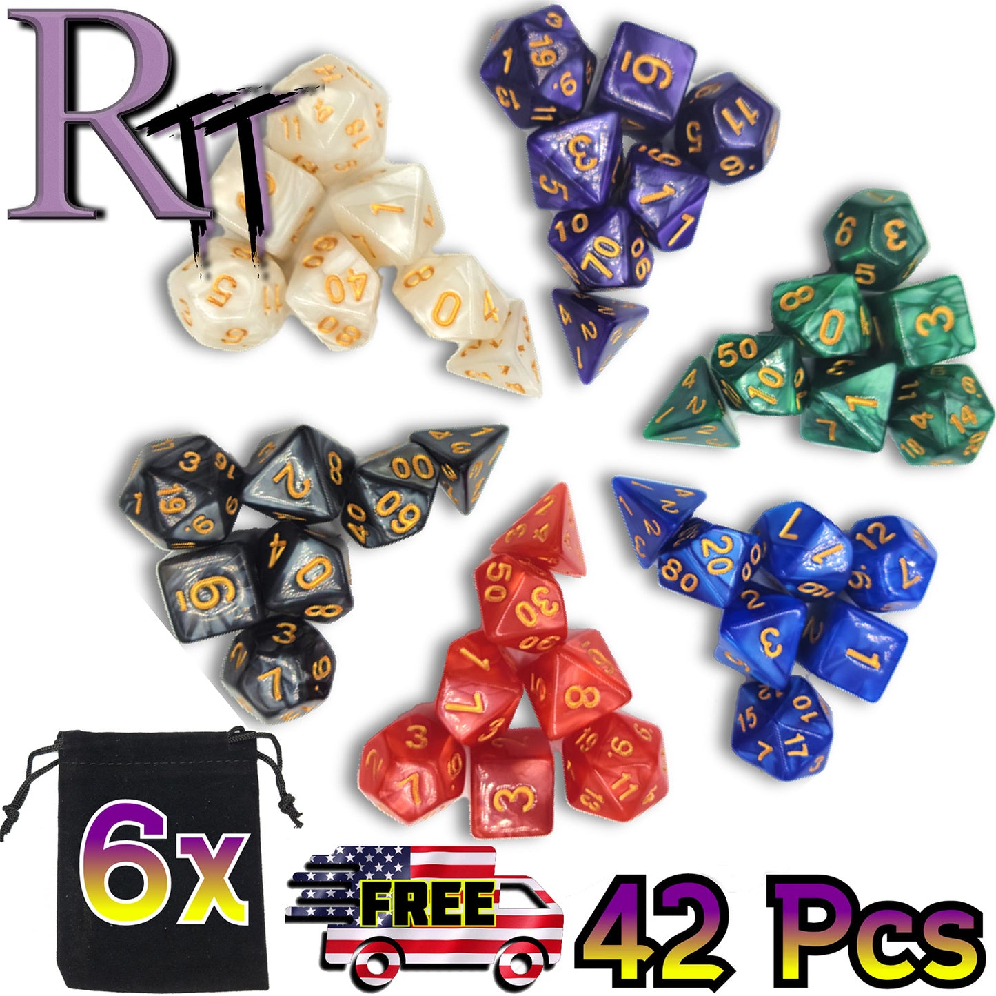 42 Piece DND Dice Set + 6 Velvet Dice Bags