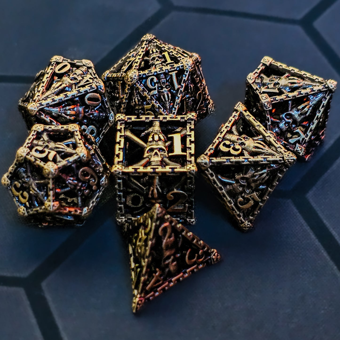 Hollow Metal Ancient Gold Skeleton DND Dice Set