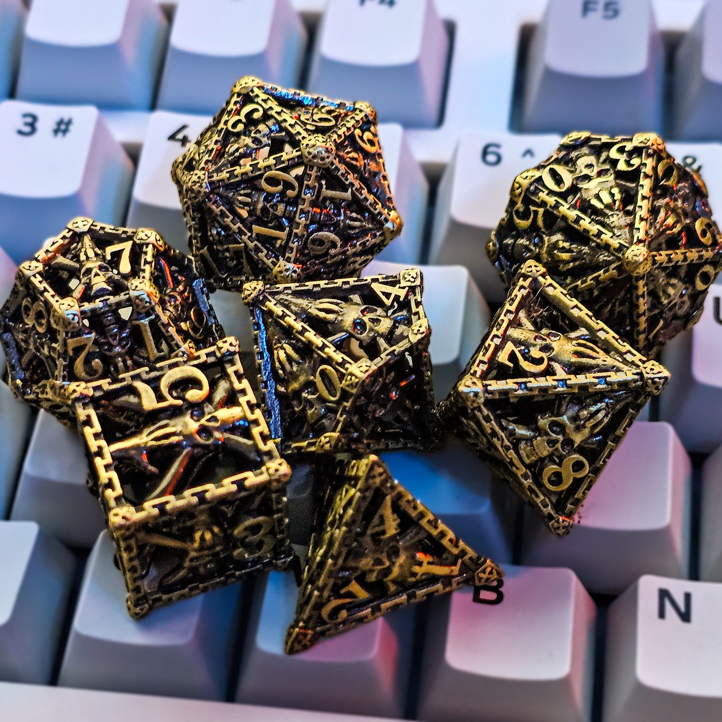 Hollow Metal Ancient Gold Skeleton DND Dice Set