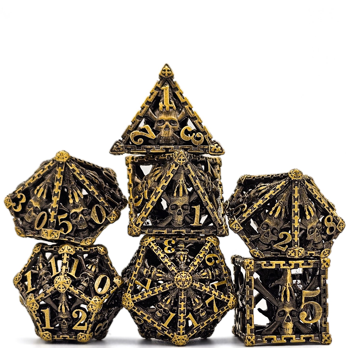 Hollow Metal Ancient Gold Skeleton DND Dice Set