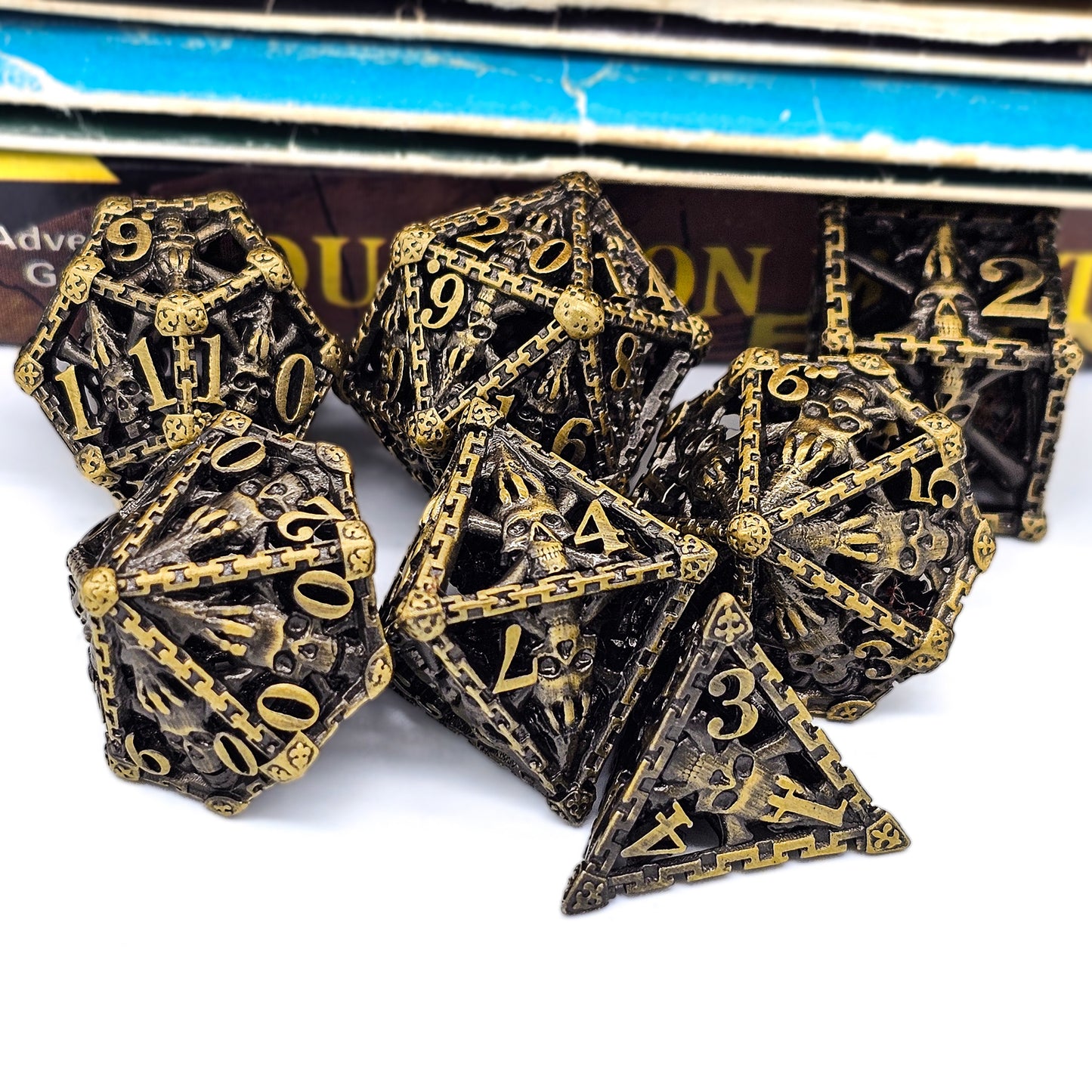 Hollow Metal Ancient Gold Skeleton DND Dice Set