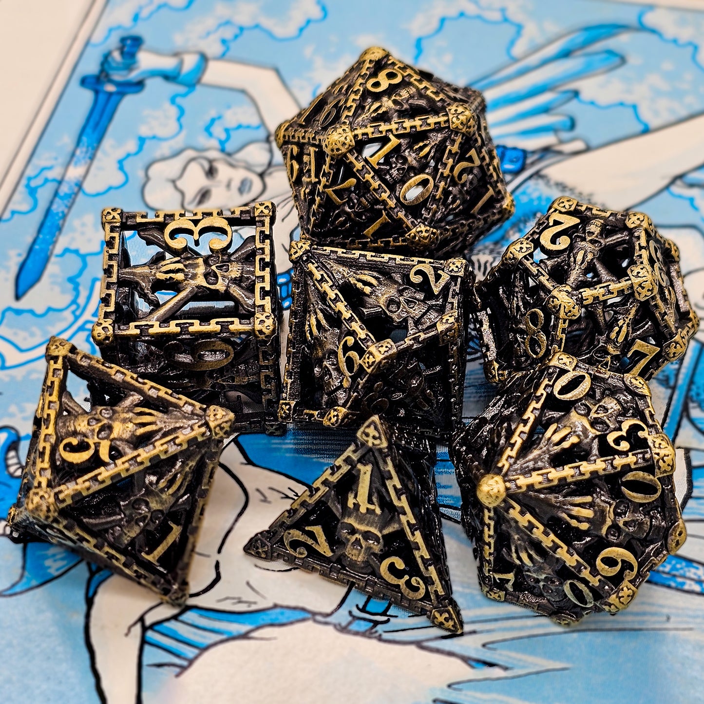 Hollow Metal Ancient Gold Skeleton DND Dice Set