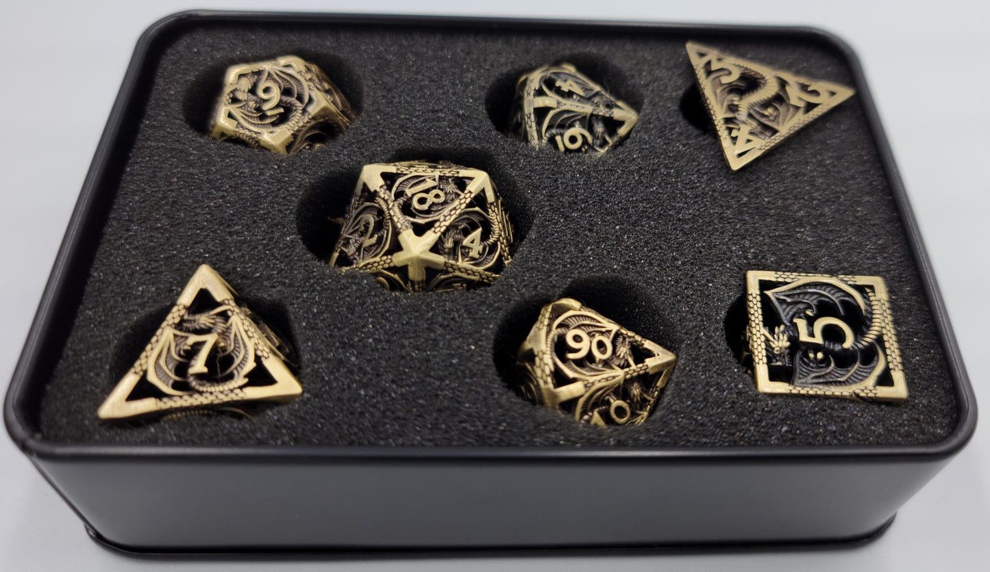 Hollow Metal Ancient Gold Dragon DND Dice Set