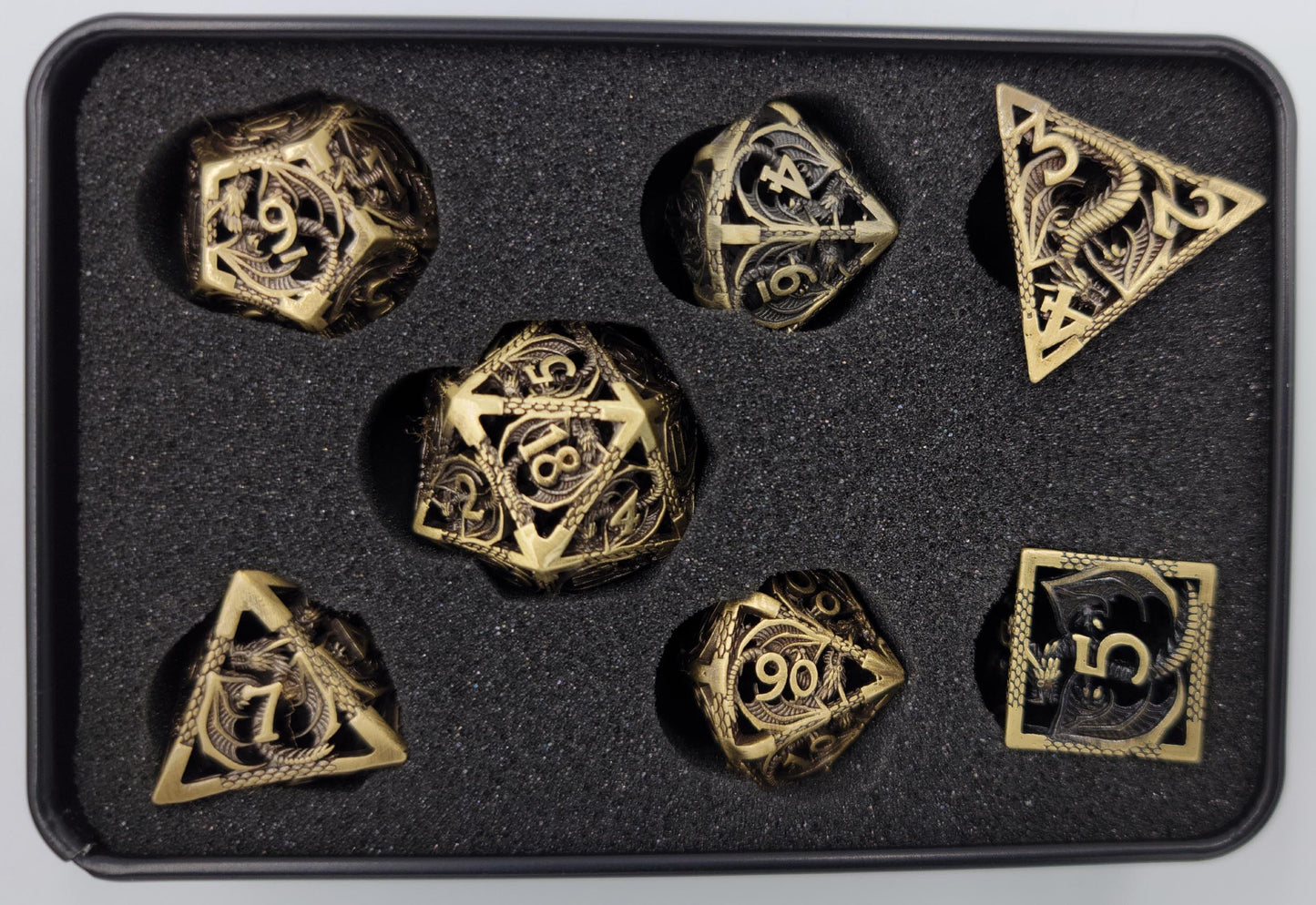 Hollow Metal Ancient Gold Dragon DND Dice Set