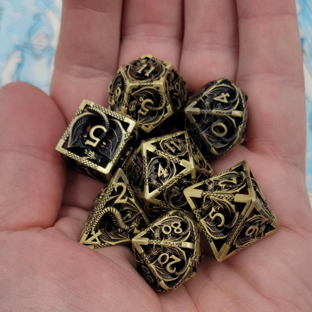 Hollow Metal Ancient Gold Dragon DND Dice Set